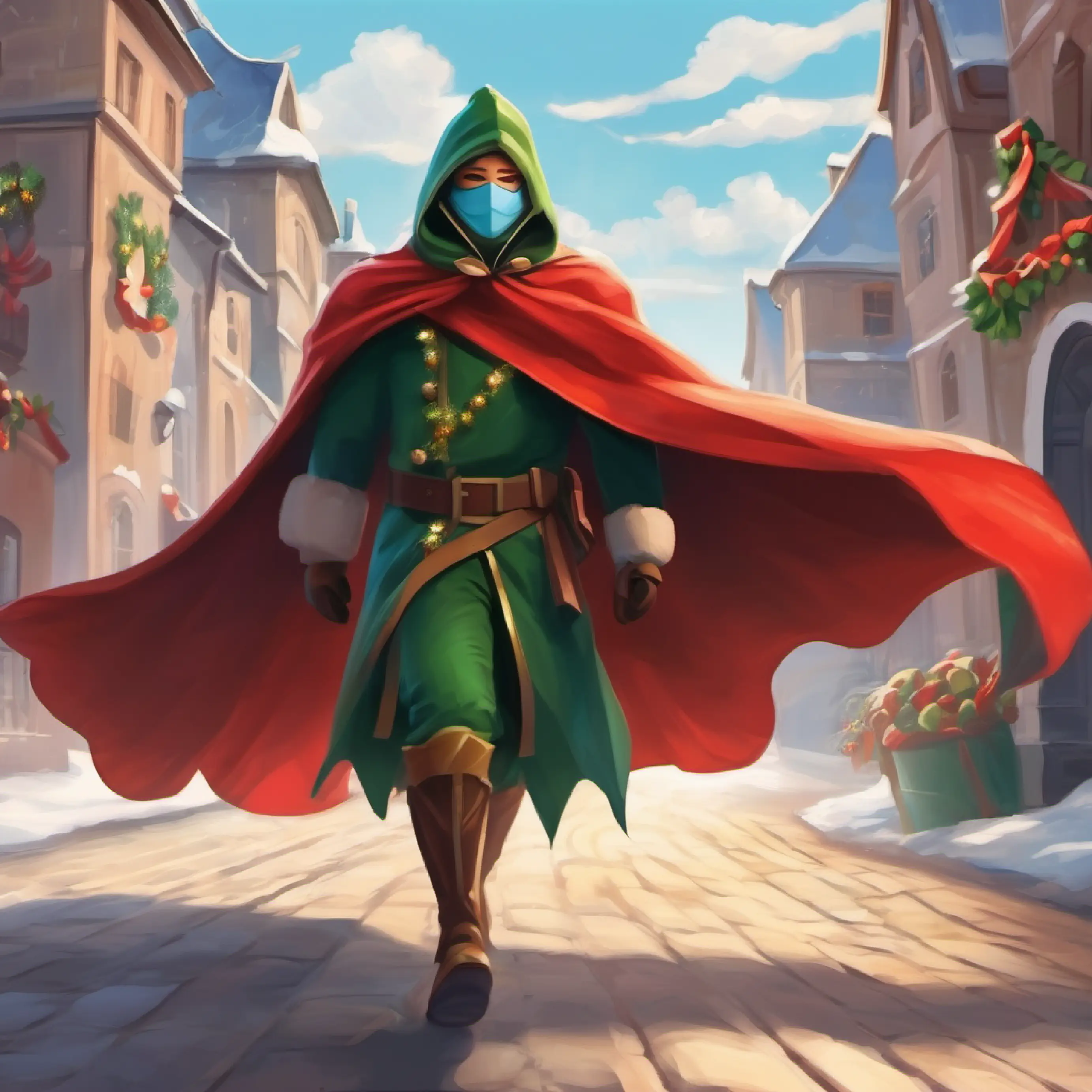 Heroic costume, masked, with cape fluttering like windswept leaves grows into his role as town's guardian.