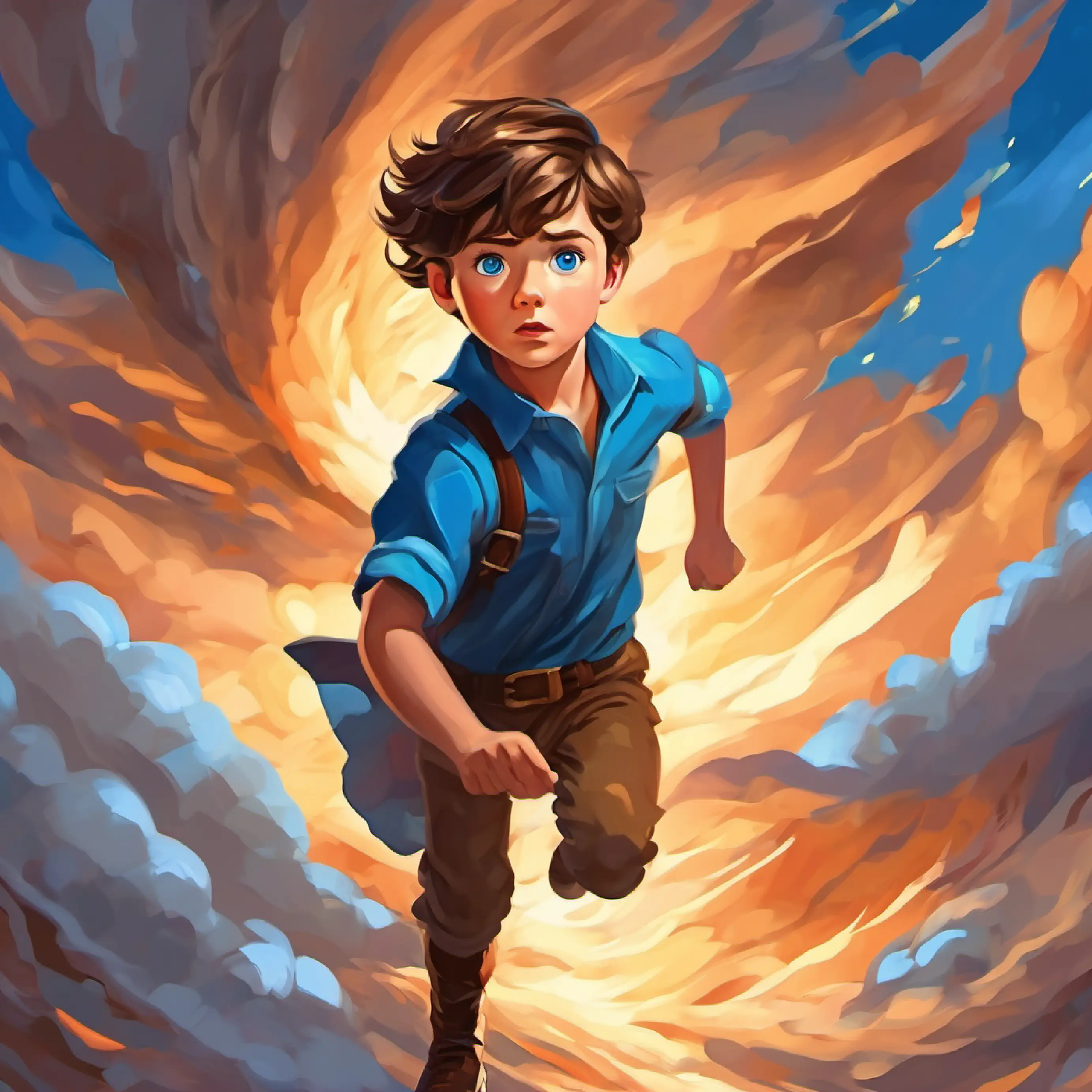 Young boy, short brown hair, blue eyes, adventurous spirit displays bravery in face of tornado.