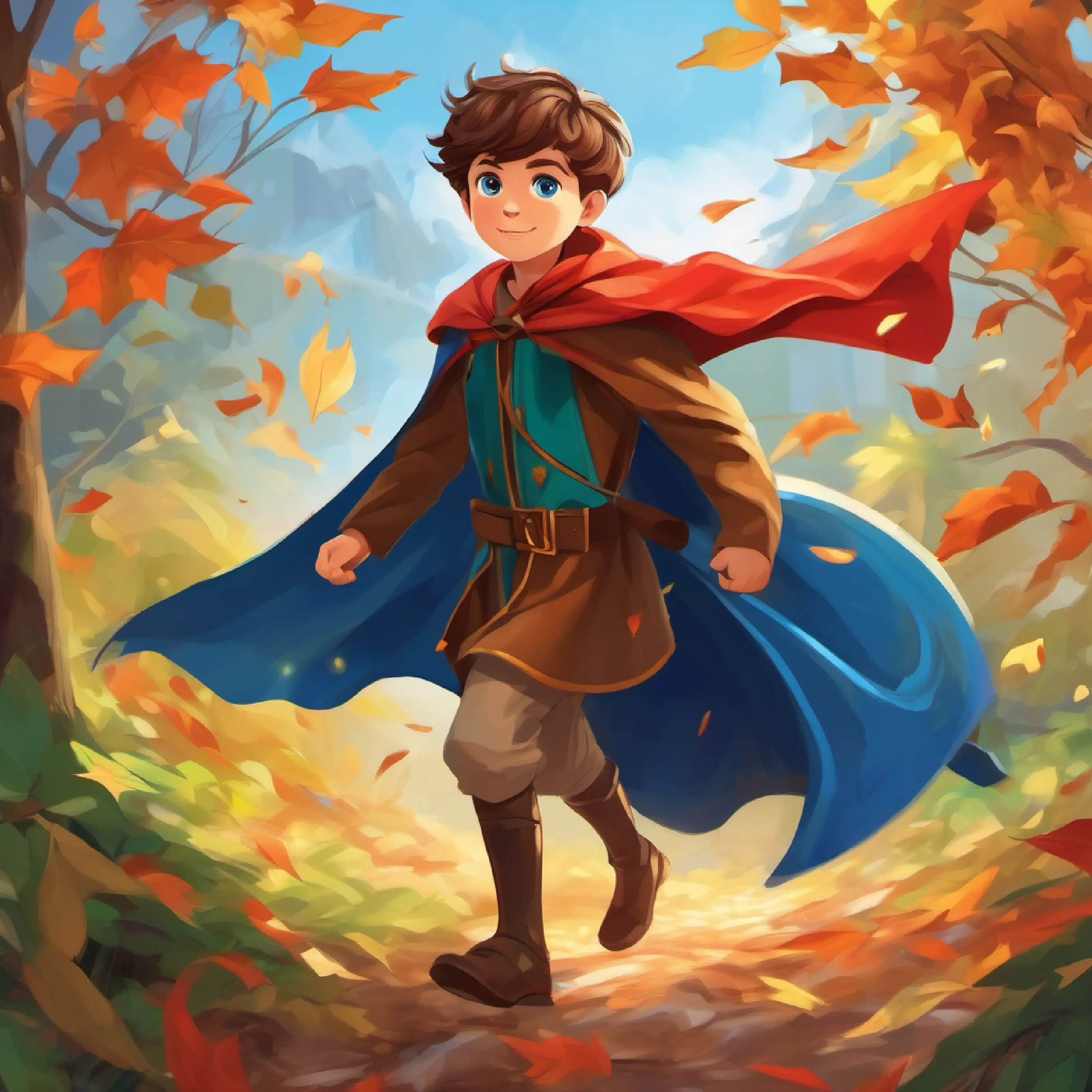 Young boy, short brown hair, blue eyes, adventurous spirit becomes Heroic costume, masked, with cape fluttering like windswept leaves, protector of Twisterville.