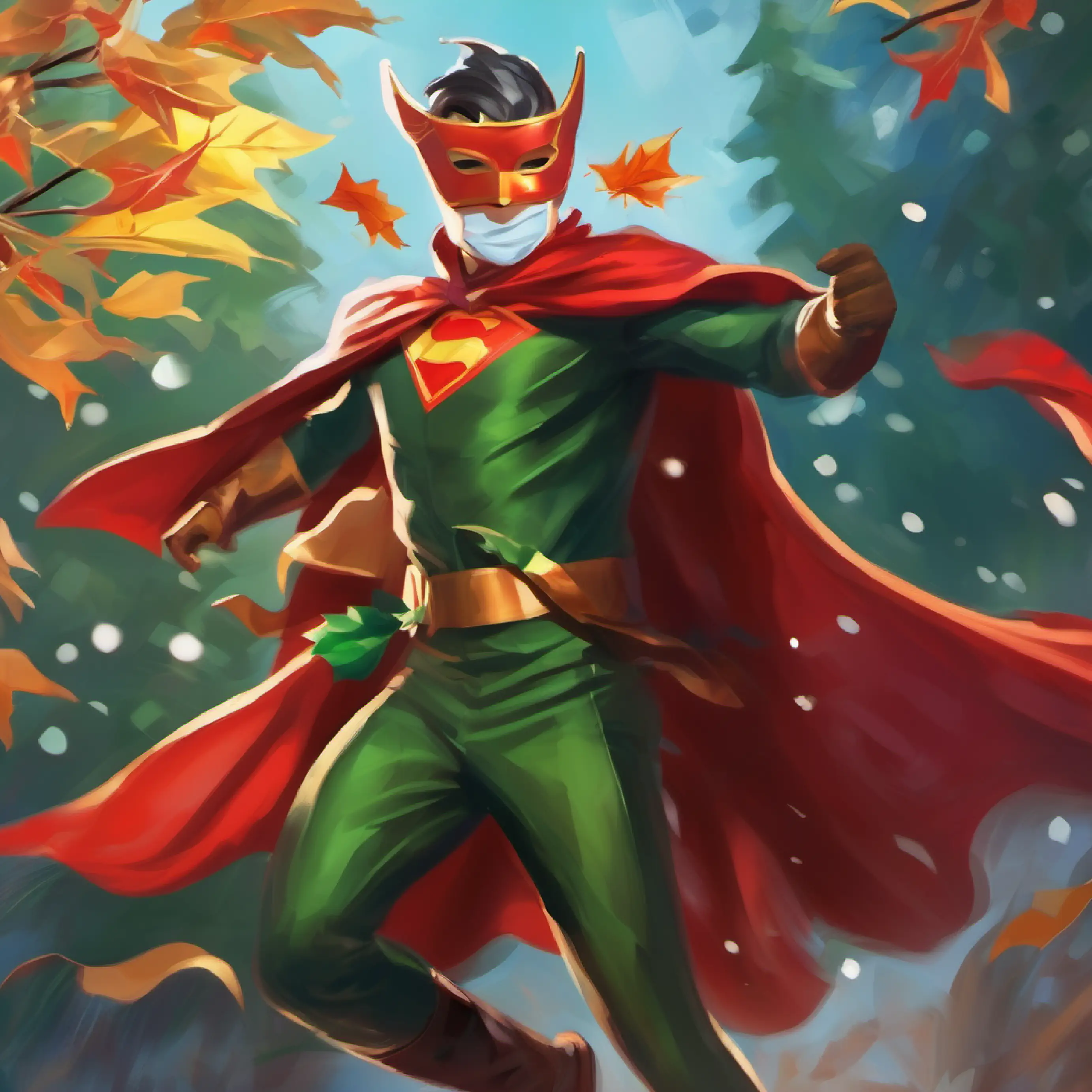 Showing Heroic costume, masked, with cape fluttering like windswept leaves's superhuman speed and agility.