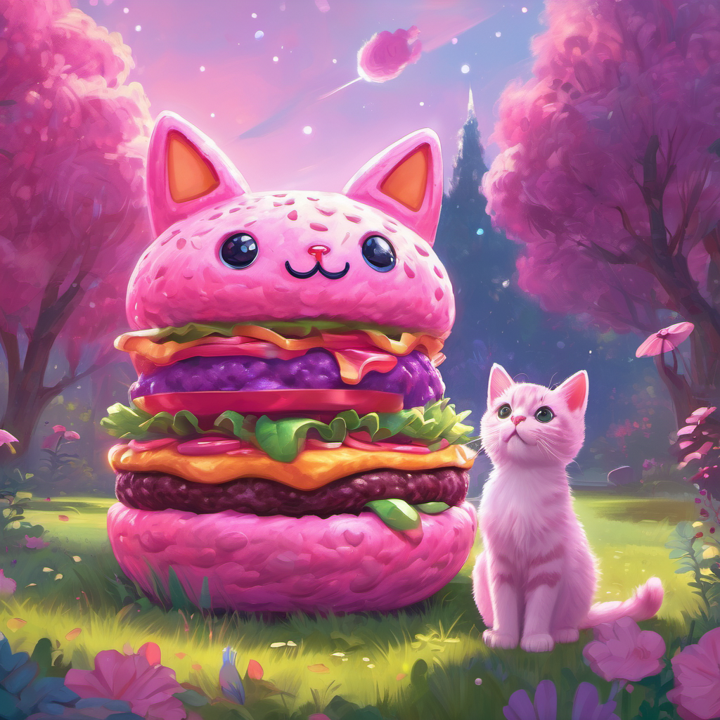 Fuzzy, cute pink burger with a big smile and Mottled pink and purple plushy cat with sparkly eyes in the park, looking amazed at the floating astronaut