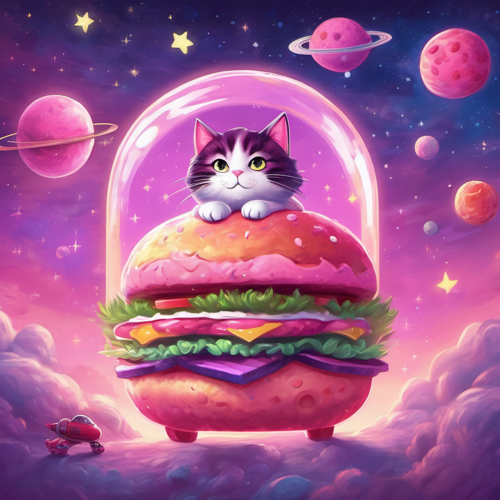 Fuzzy, cute pink burger with a big smile, Mottled pink and purple plushy cat with sparkly eyes, and the astronaut holding hands in a spaceship, stars outside the window