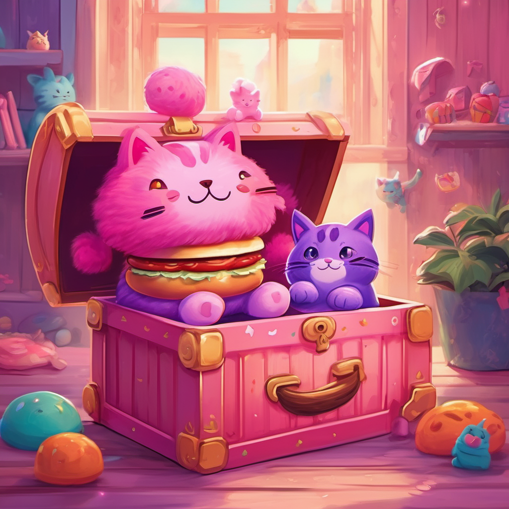 Fuzzy, cute pink burger with a big smile and Mottled pink and purple plushy cat with sparkly eyes sitting in the toy chest, smiling at each other