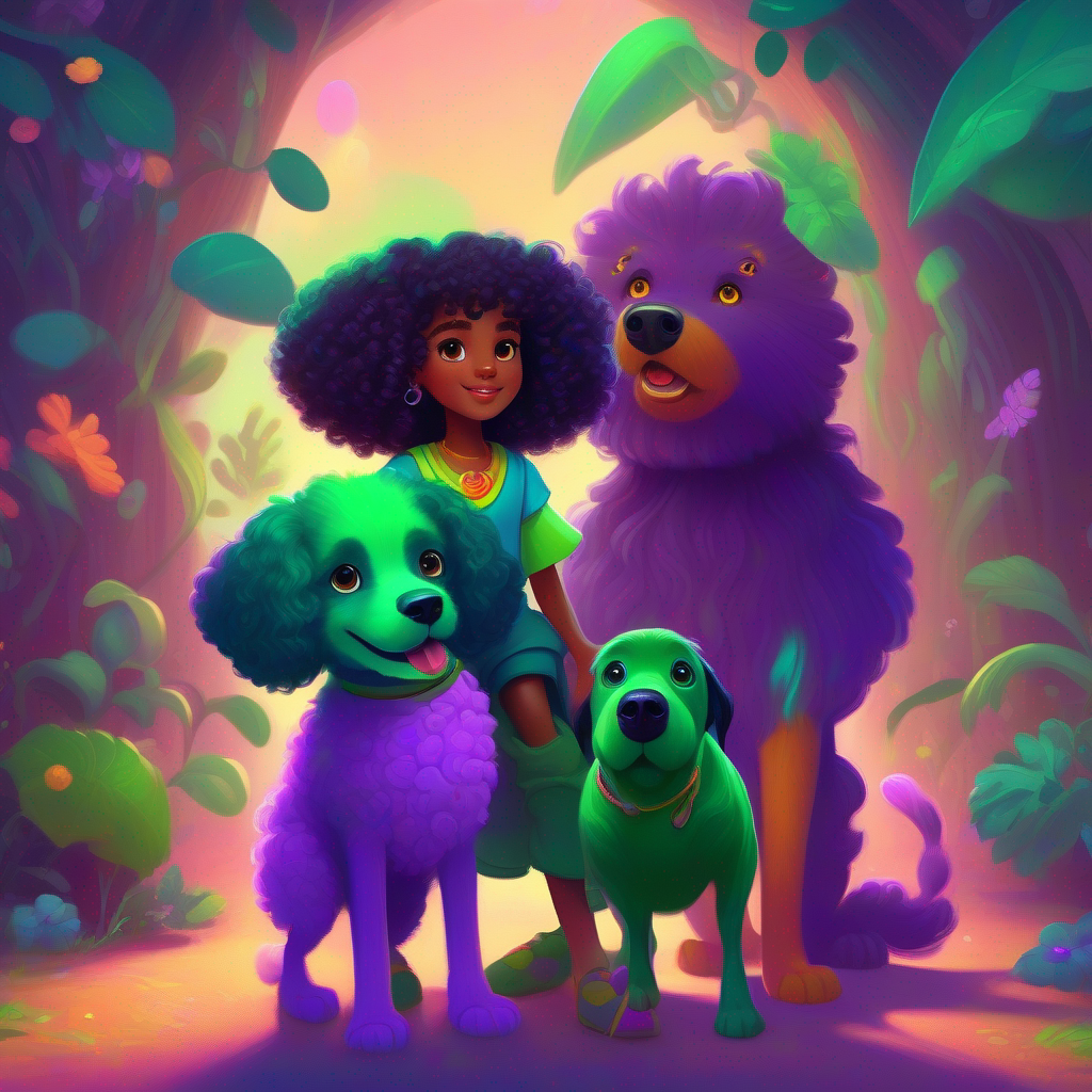 Maria, a black girl with beautiful curly hair, wearing a colorful outfit and her dog meeting a green alien with purple eyes and three legs