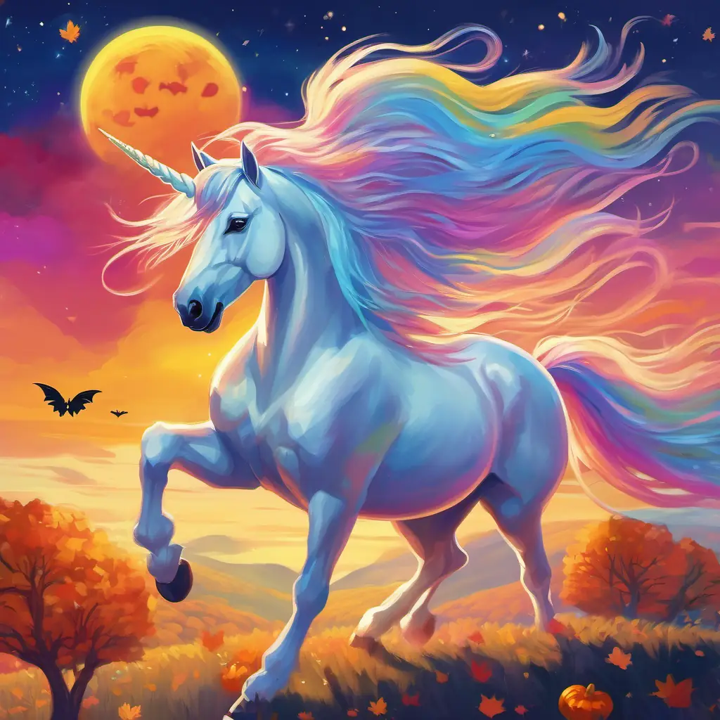 The rainbow's vibrant colors shone brightly in the sky, while Shimmering white coat with a long, flowing mane the unicorn had a shimmering white coat with a long, flowing mane.