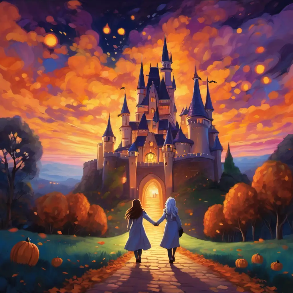 Vibrant colors that shine brightly in the sky and Shimmering white coat with a long, flowing mane looked back at the magical castle with smiles on their faces, holding hands as they walked.