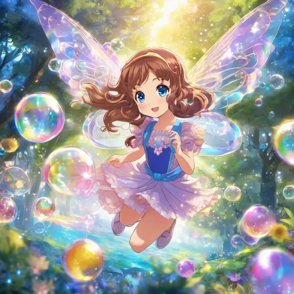 Sofia is a little girl with brown hair and bright blue eyes meeting friendly bubble fairies with bubble wings and sparkly dresses