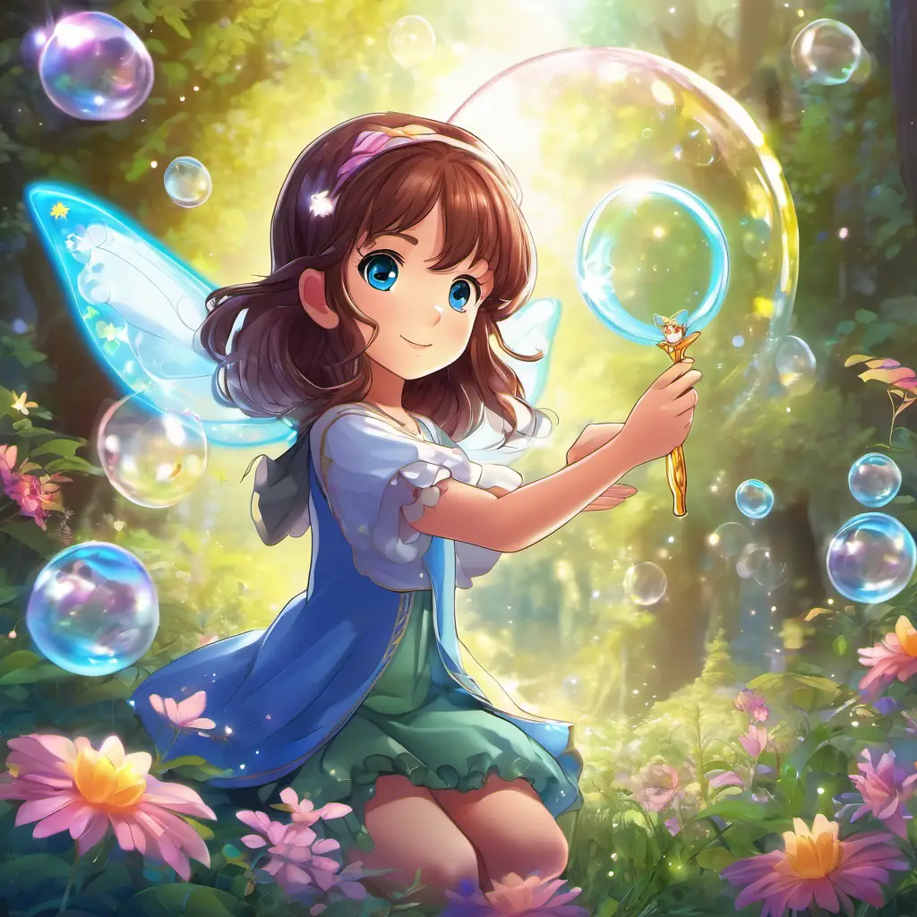 Sofia is a little girl with brown hair and bright blue eyes finding a magical bubble wand and making wishes with the fairies