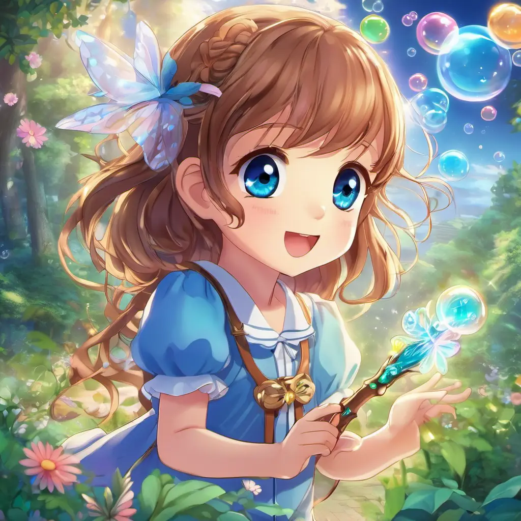 Sofia is a little girl with brown hair and bright blue eyes saying goodbye to the fairies and returning home with the bubble wand