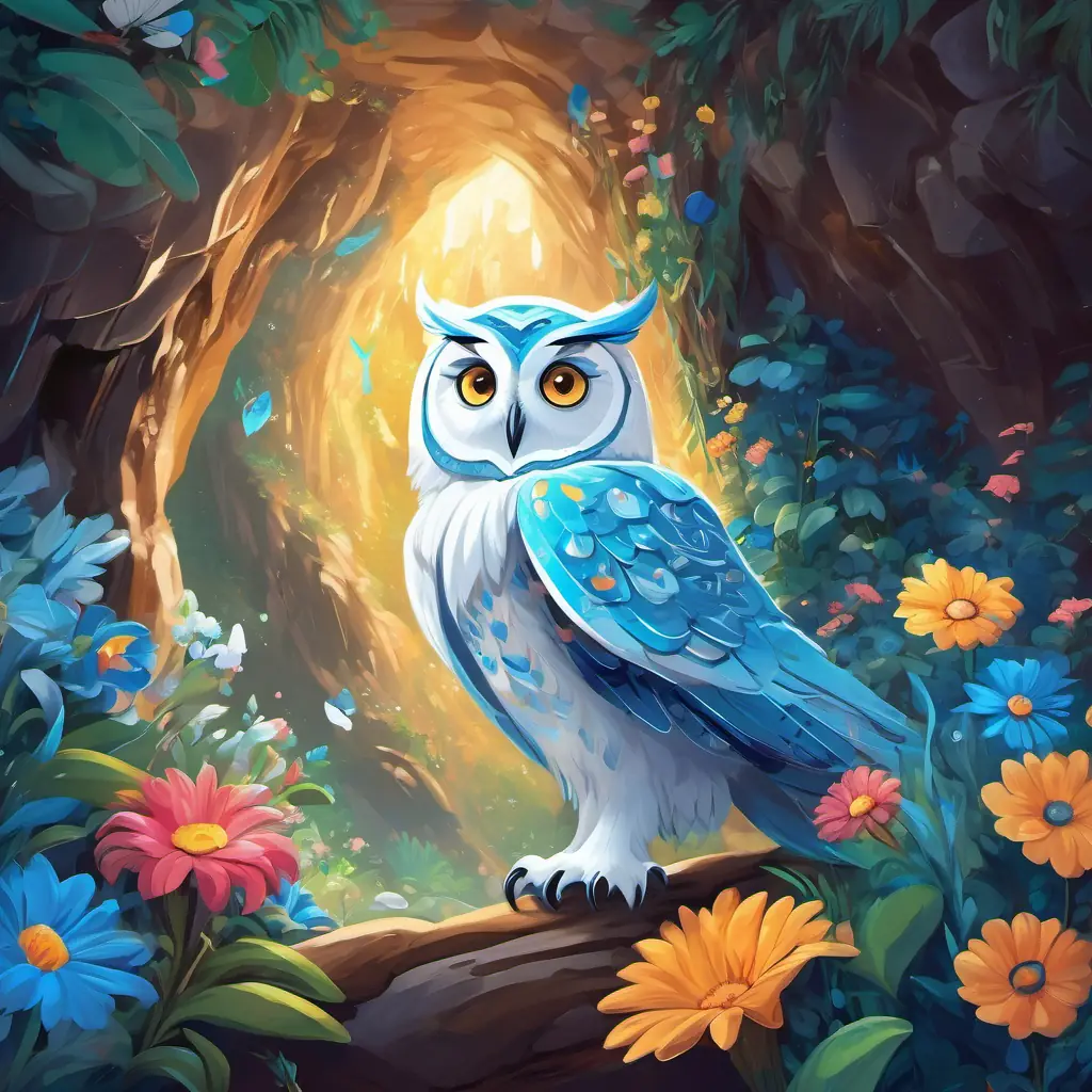 Adryan discovers a magical world inside the cave filled with talking animals and colorful flowers. He meets Wise owl with sparkling blue eyes and white feathers, a wise owl with sparkling blue eyes and white feathers.