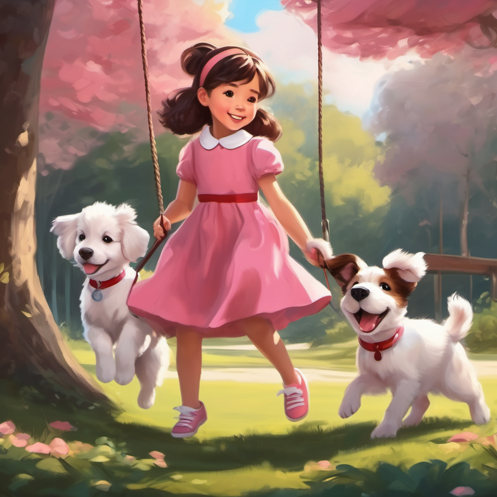 Cute girl with pink dress and pigtails. and the Fluffy white and brown puppy with a red collar. swinging happily