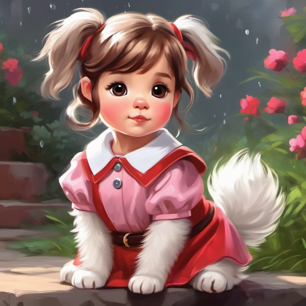 The Fluffy white and brown puppy with a red collar. keeping Cute girl with pink dress and pigtails. safe from rain