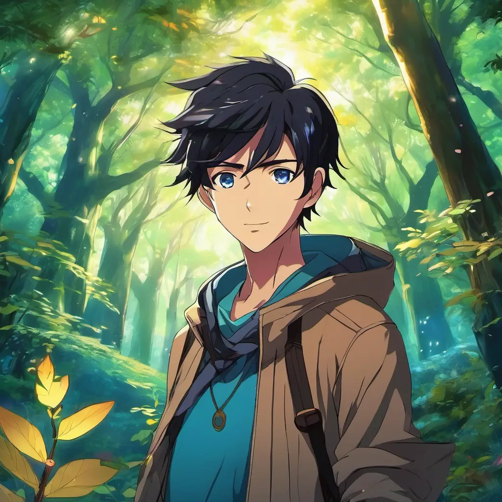 Skinny boy with straight black hair, brown and blue eyes Unique and magical - the respected guardian of the magical forest, finding purpose and belonging in his new role.