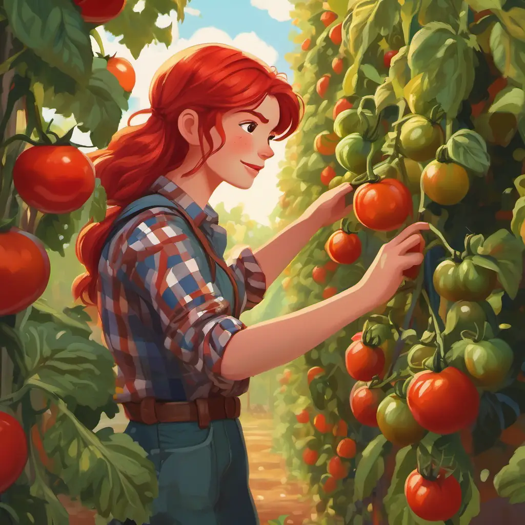 Red hair, brown eyes, plaid shirt picking red tomatoes from the vine.
