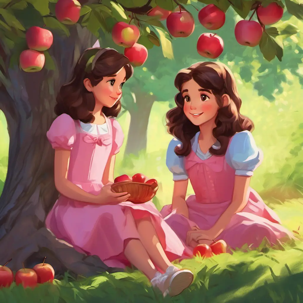 Brunette hair, hazel eyes, pink dress sharing her apples with friends under a shady tree.