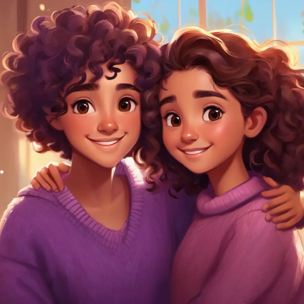 Curly hair, brown eyes, purple sweater giving warm hugs and smiles to her friends.