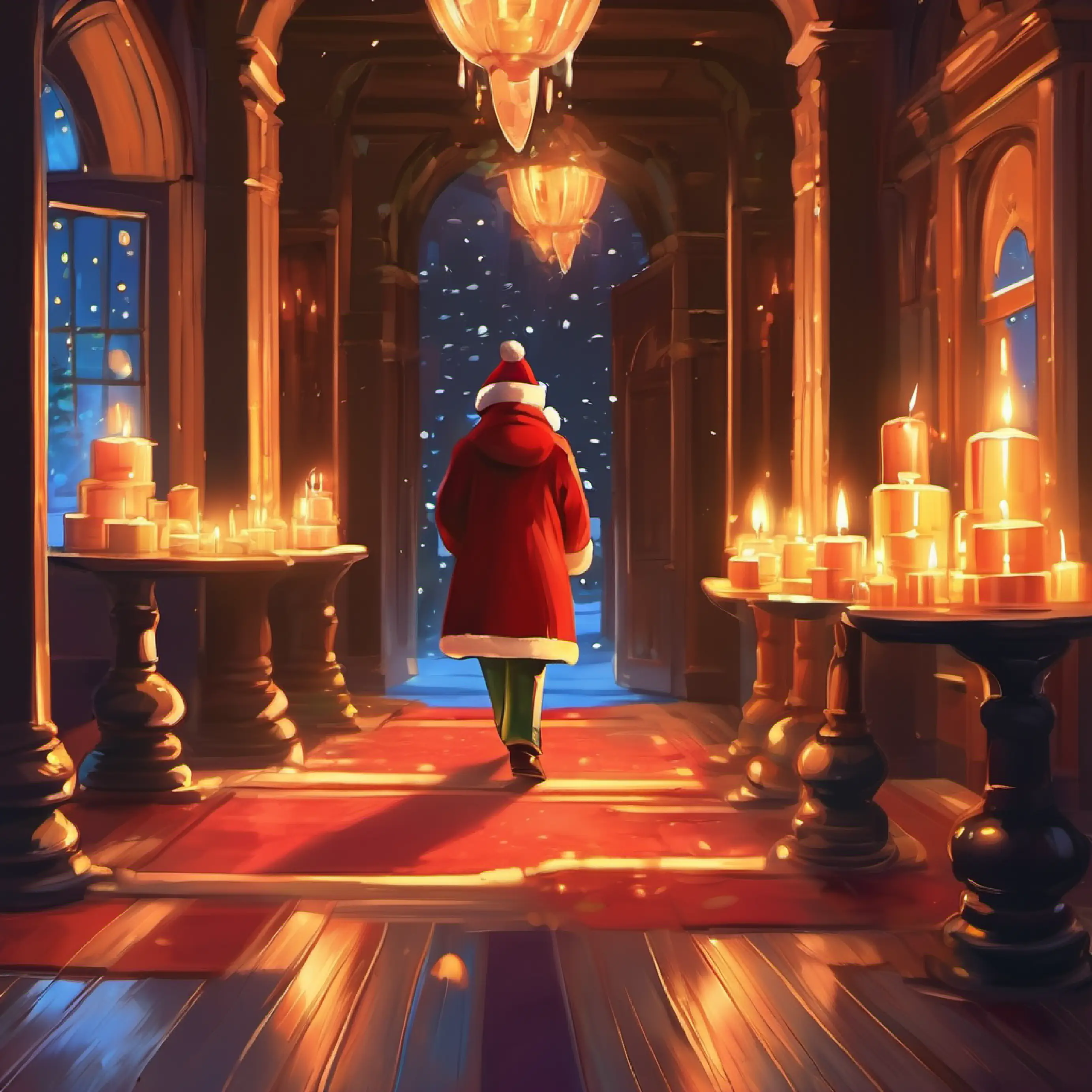 Main character walks through a hall with mysteriously lighting candles.