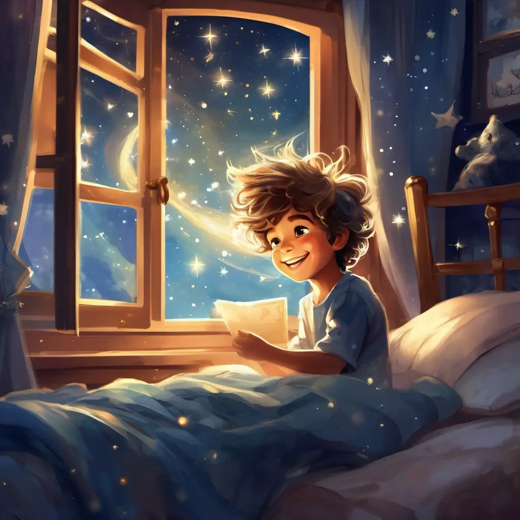 A little boy who can fly, with messy hair and a big smile lying in bed, A fairy with sparkling wings and a mischievous smile at the window, starry night sky