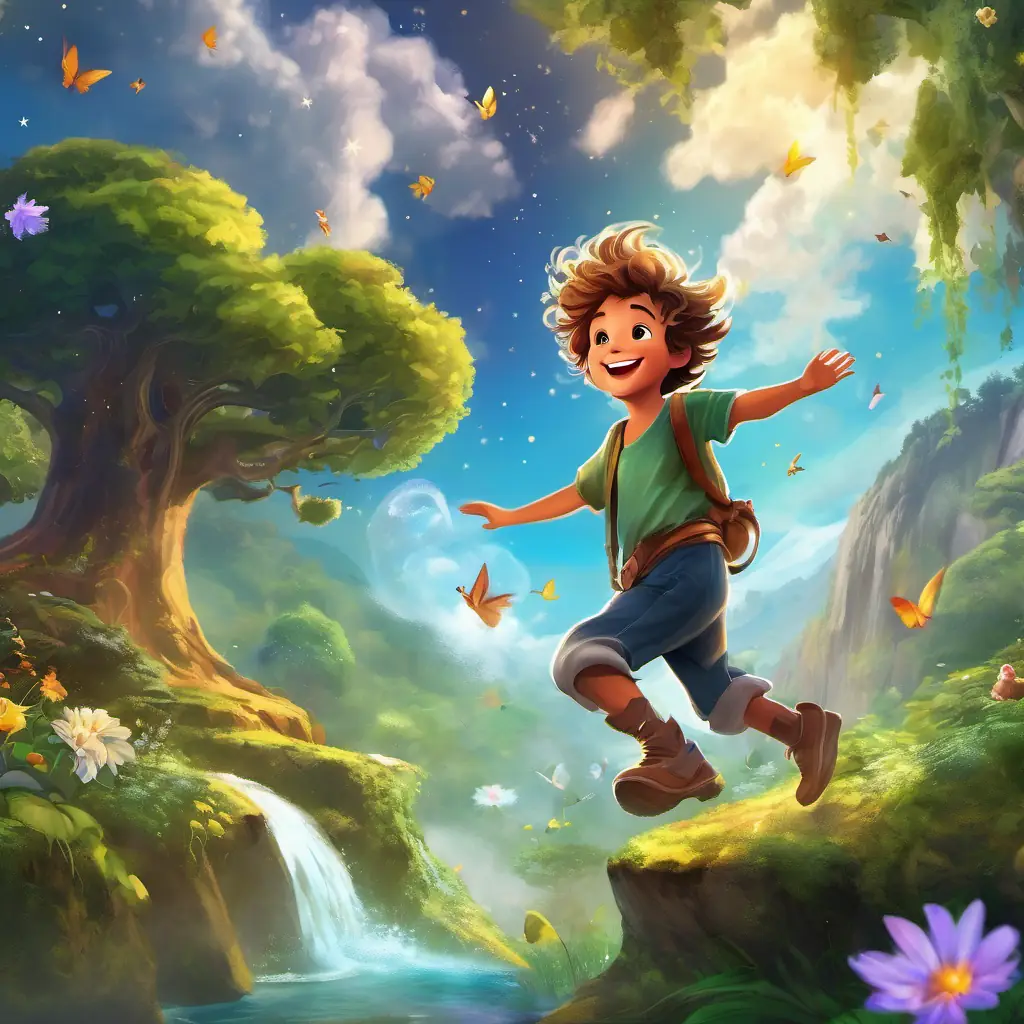 A little boy who can fly, with messy hair and a big smile and A fairy with sparkling wings and a mischievous smile flying, fluffy clouds, twinkling stars, Neverland with forests, waterfalls, flowers, Children with wild hair and big smiles, ready for adventures playing