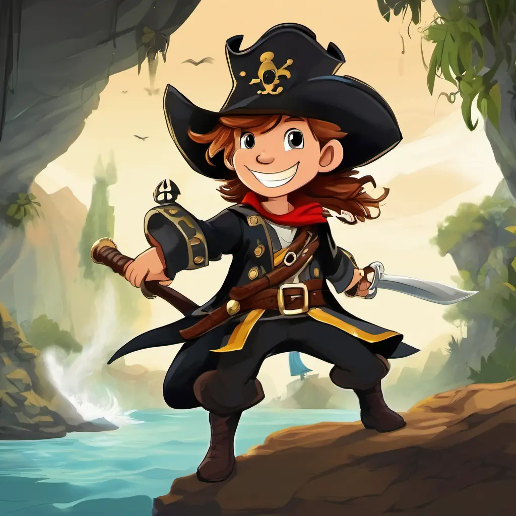 A little boy who can fly, with messy hair and a big smile and the Children with wild hair and big smiles, ready for adventures exploring caves, climbing trees, sword fights with A mean pirate with a hook for a hand and a big black hat and pirates, A mean pirate with a hook for a hand and a big black hat with hook hand and black hat