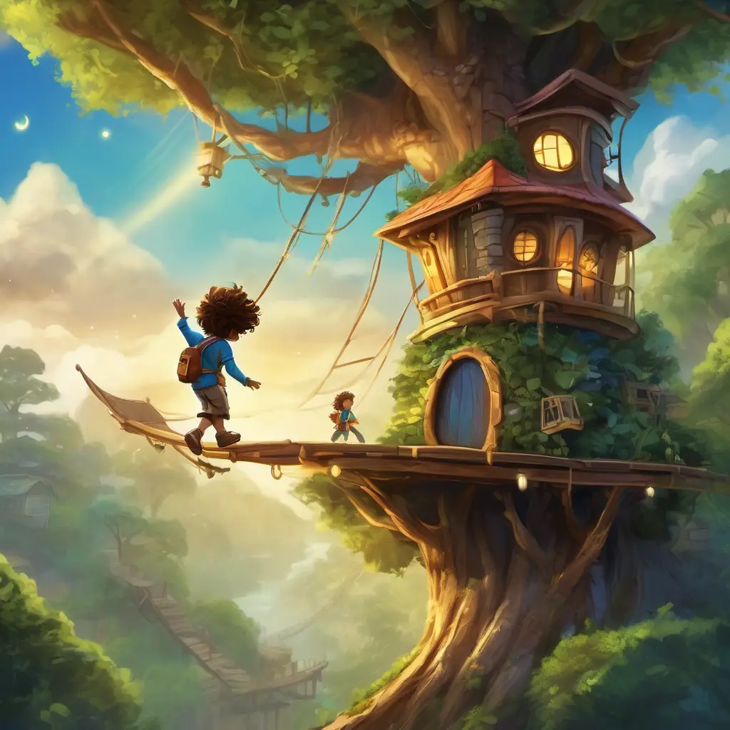 A little boy who can fly, with messy hair and a big smile and the Children with wild hair and big smiles, ready for adventures building a treehouse, secret passages, slide, telescope, view of Neverland