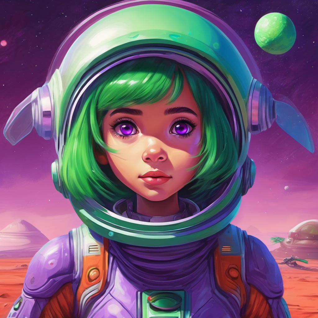 Curious Martian girl with green skin and purple eyes, a curious Martian girl with green skin and purple eyes, in front of a spaceship on Mars