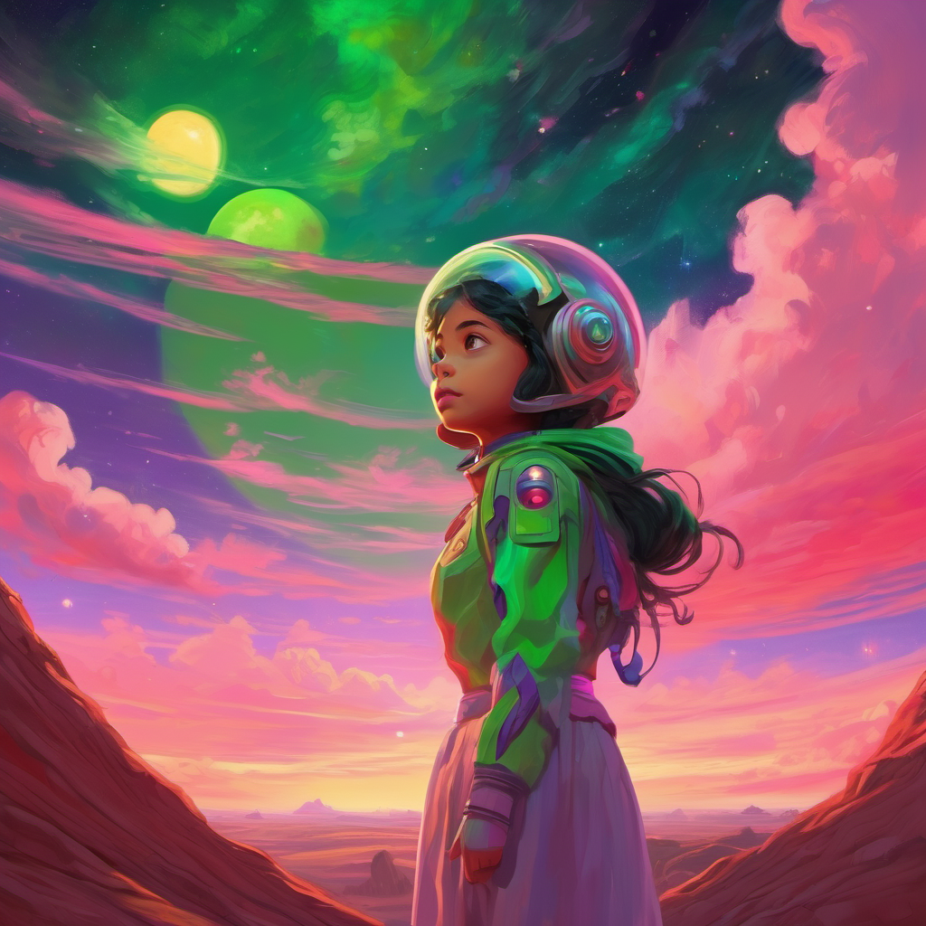 Curious Martian girl with green skin and purple eyes pointing up at the pinkish-red Martian sky filled with golden, wispy clouds