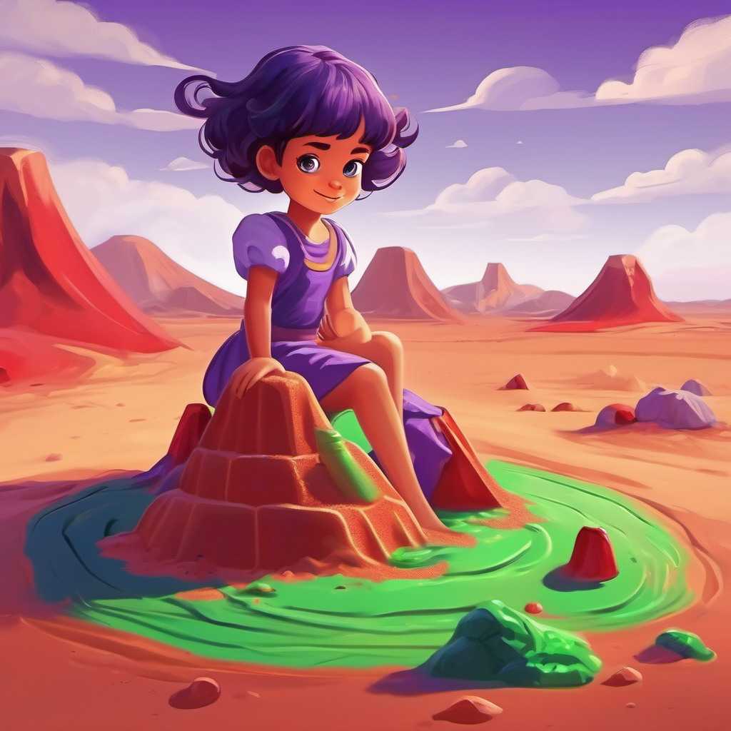 Curious Martian girl with green skin and purple eyes playing in the red sand, building a sandcastle and making sand angels