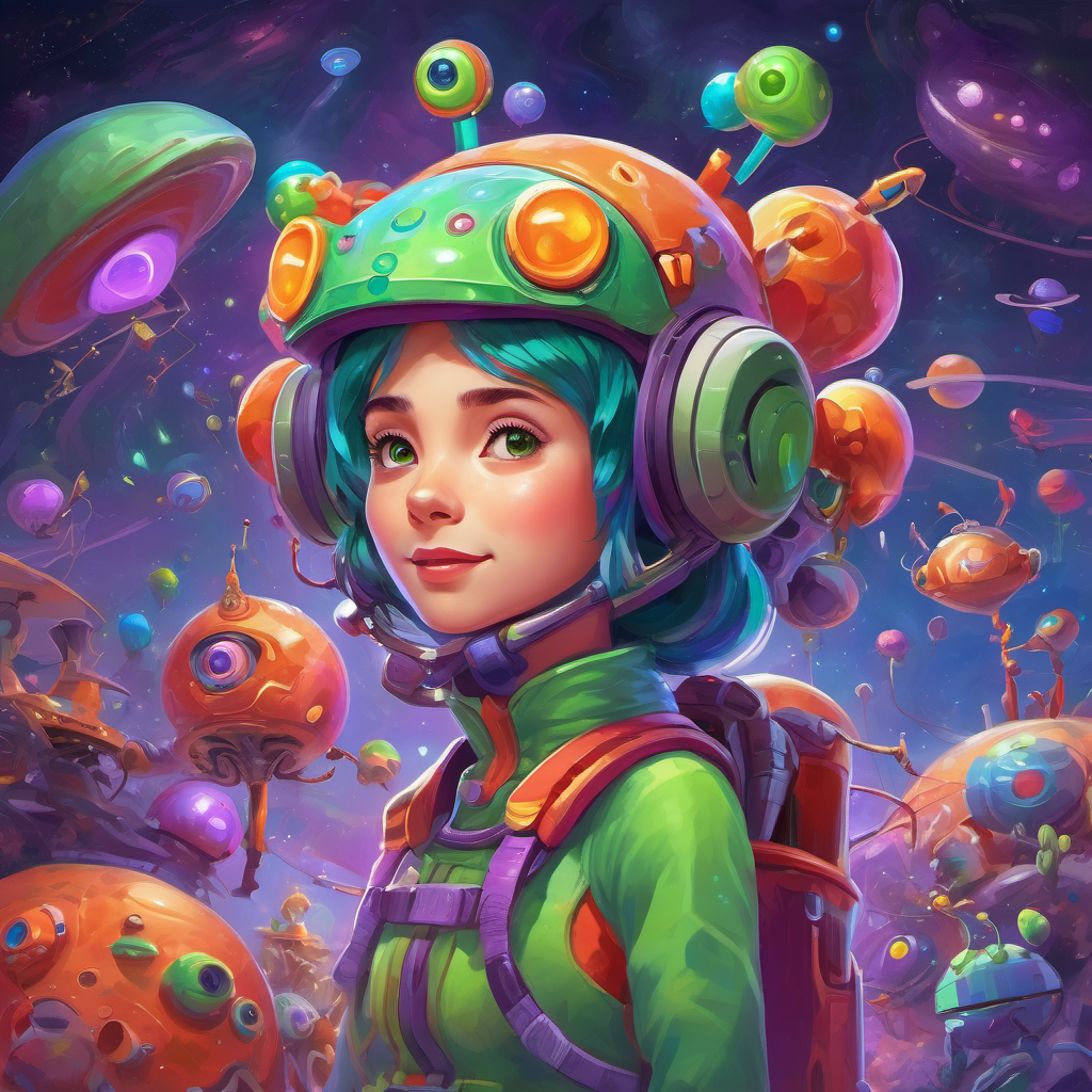 Curious Martian girl with green skin and purple eyes surrounded by her Joyful Martians with colorful antennas on their heads with colorful antennas, playing games and laughing