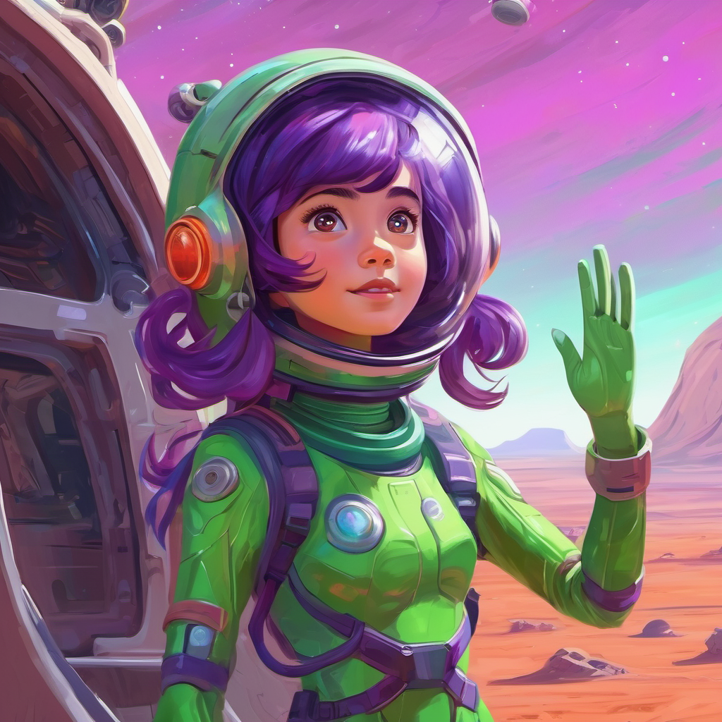 Curious Martian girl with green skin and purple eyes waving goodbye, promising more adventures on Mars