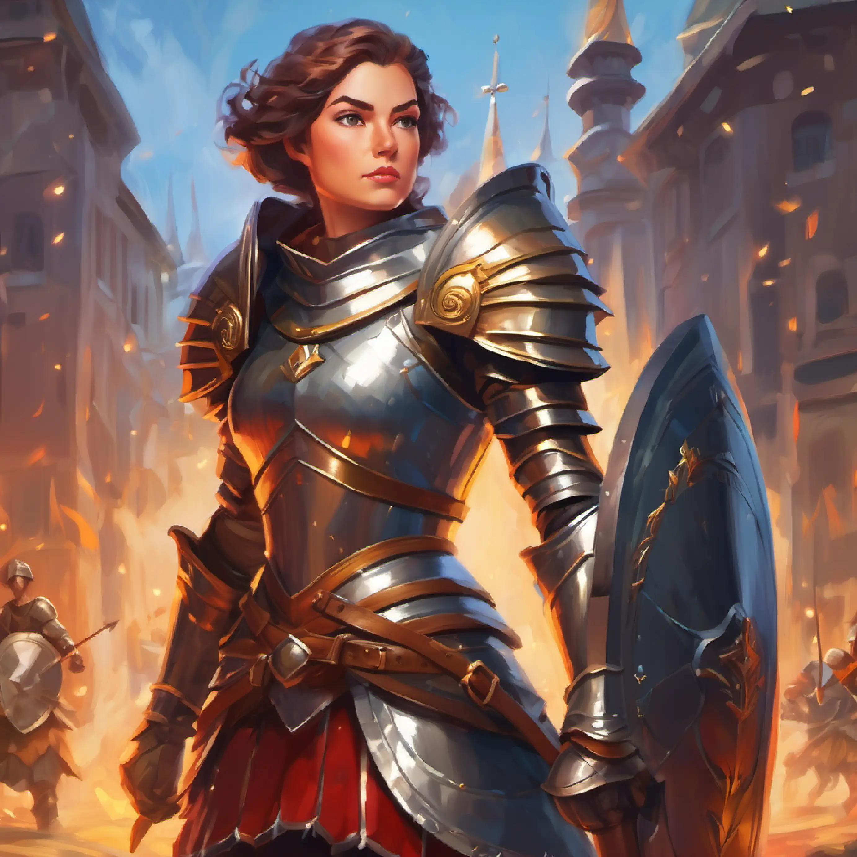 Armored maiden with determined eyes, ready for battle, in armor, leads troops, showing her bravery