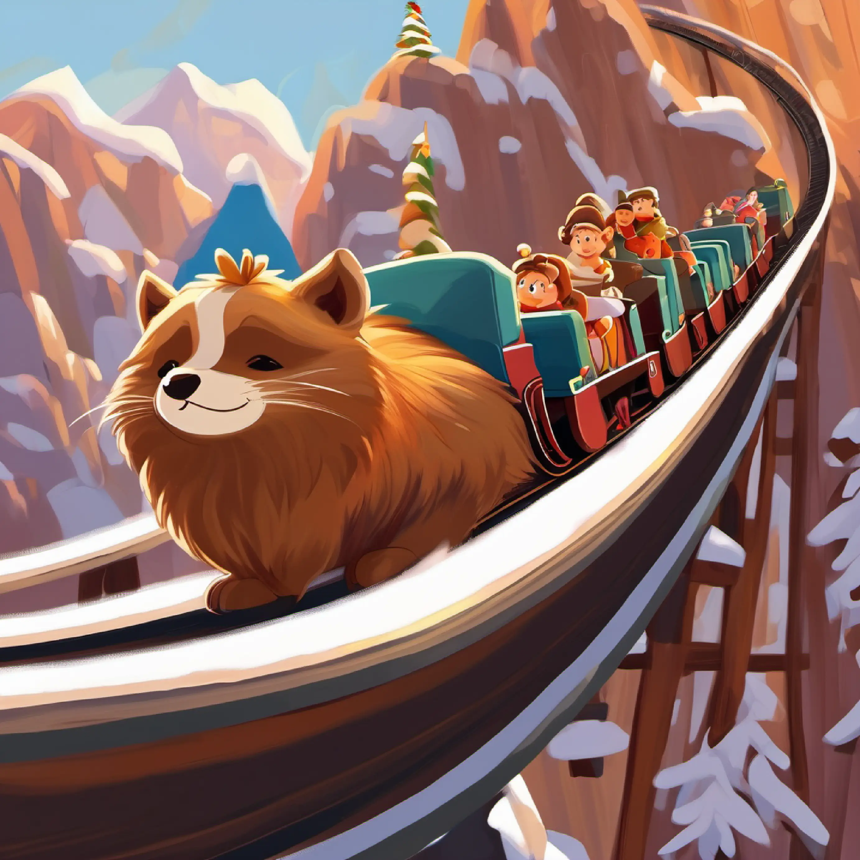 Brown fur, dark eyes, small size, playful demeanor, always curious experiences the rollercoaster climbing higher.
