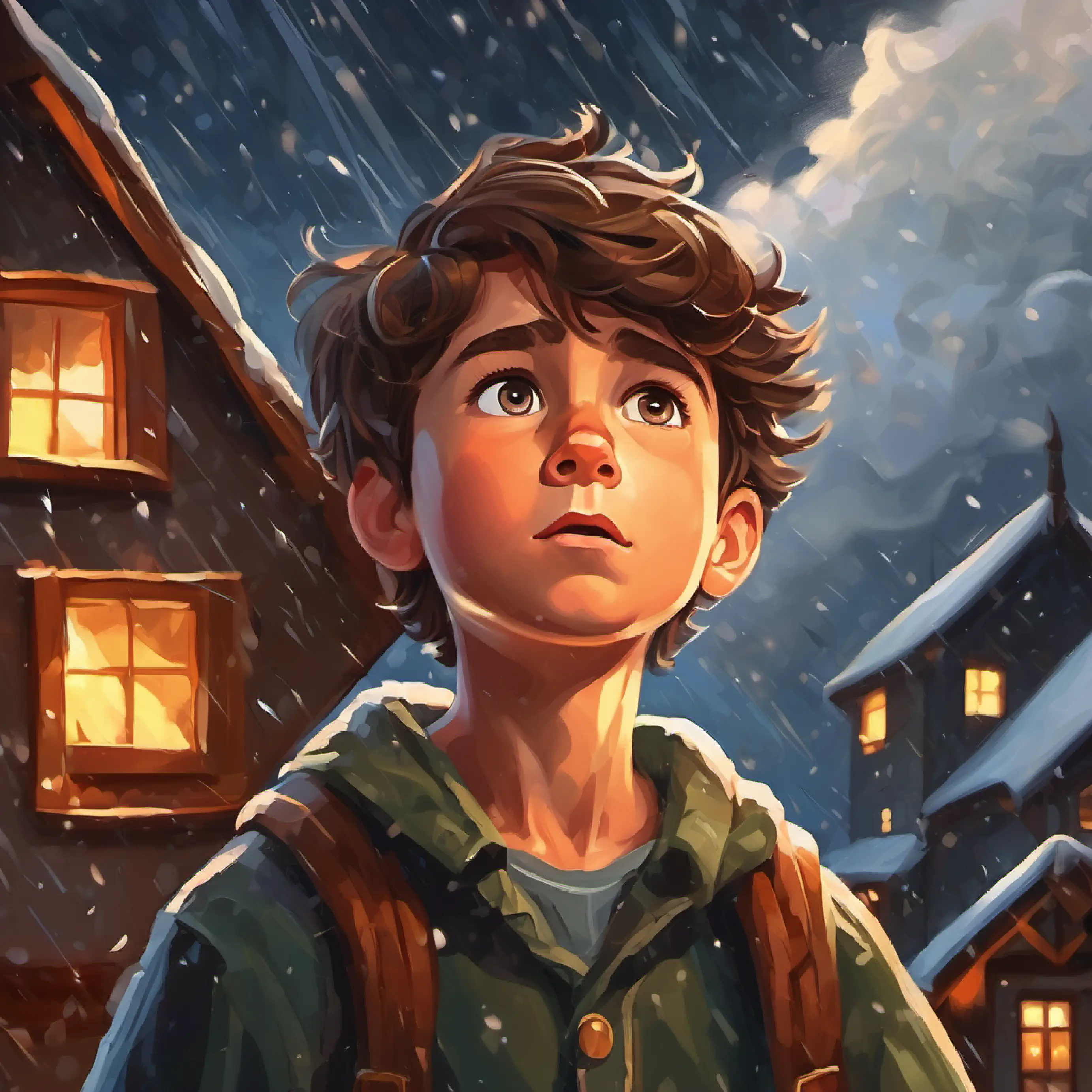 Brave young boy, brown hair, hazel eyes, curious spirit's unique reaction to the storm.