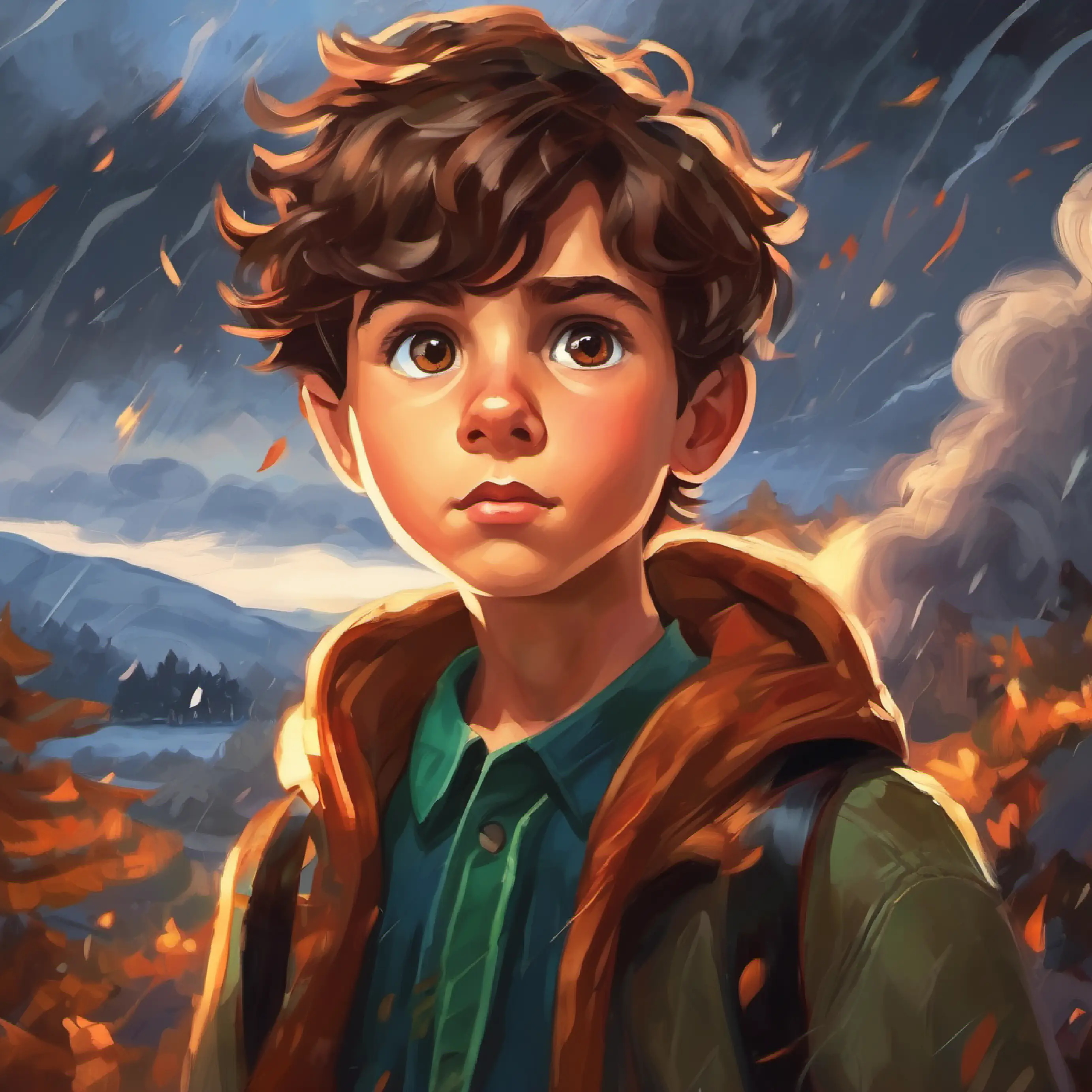 Brave young boy, brown hair, hazel eyes, curious spirit influencing the storm, bringing calm.