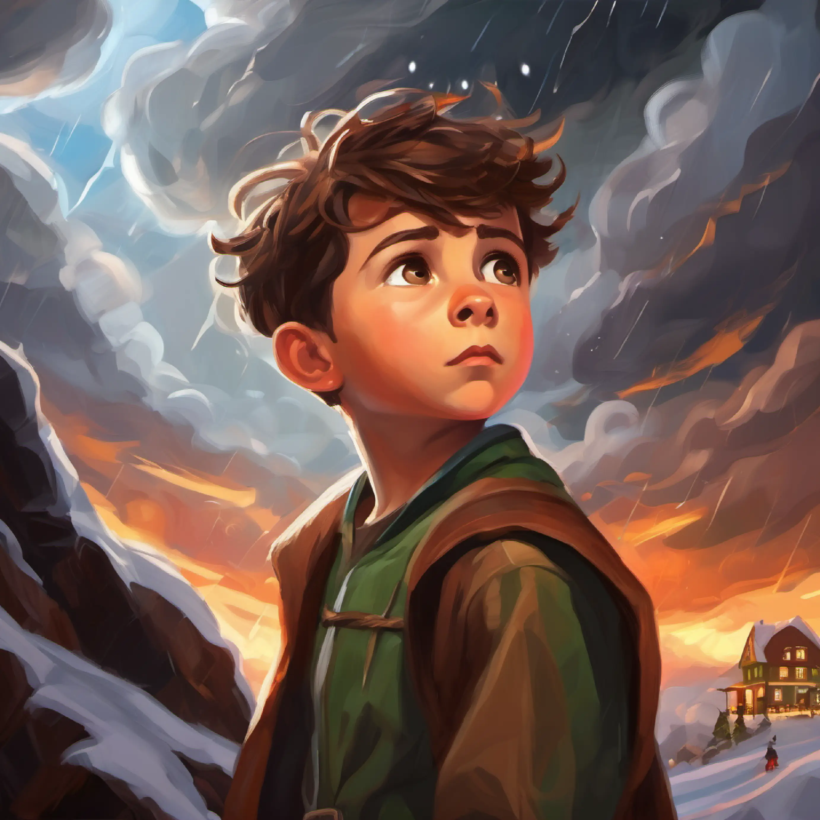 Brave young boy, brown hair, hazel eyes, curious spirit experiences the storm's energy.