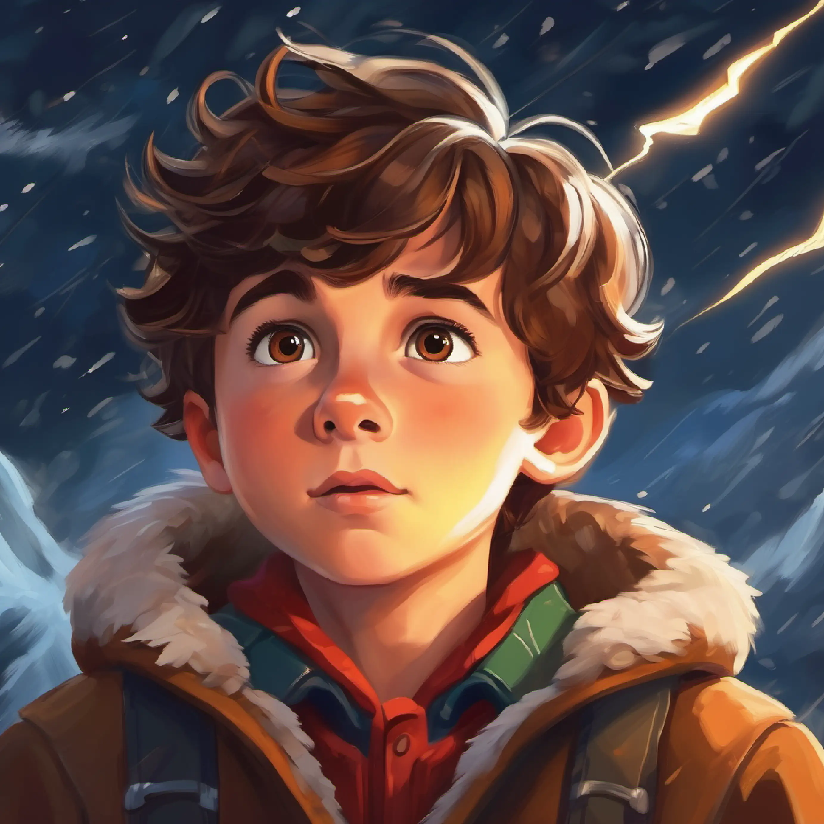 Brave young boy, brown hair, hazel eyes, curious spirit surrounded by the sound of thunder.