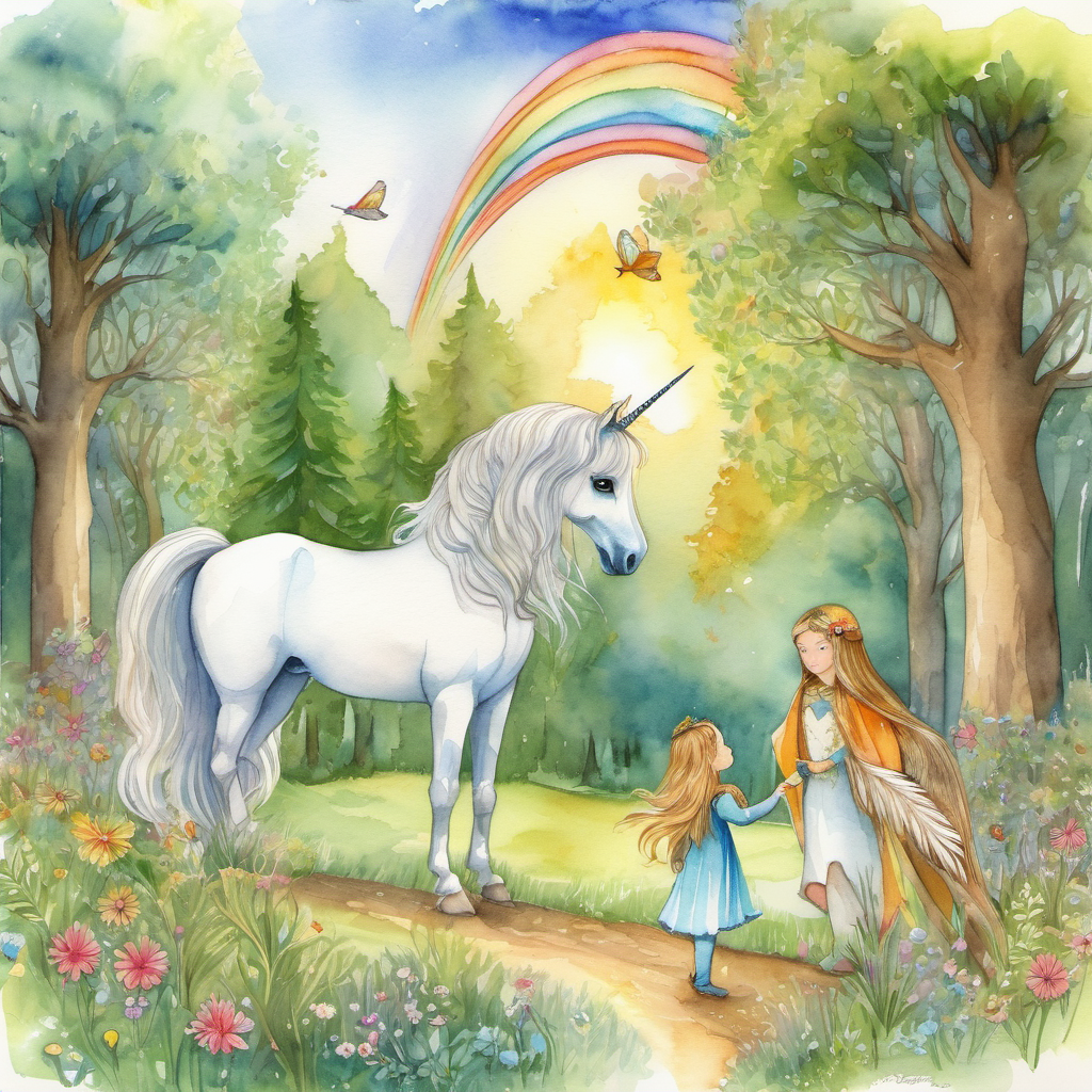 They arrived at a magical meadow surrounded by magnificent trees. In the distance, Alys spotted a shimmering rainbow gate leading to the unicorn princess world. As she approached, a wise, old owl named Oliver landed gracefully on her shoulder. "Hello, little one," hooted Oliver kindly. "Are you ready to meet the wise unicorn princess and learn about shapes?"