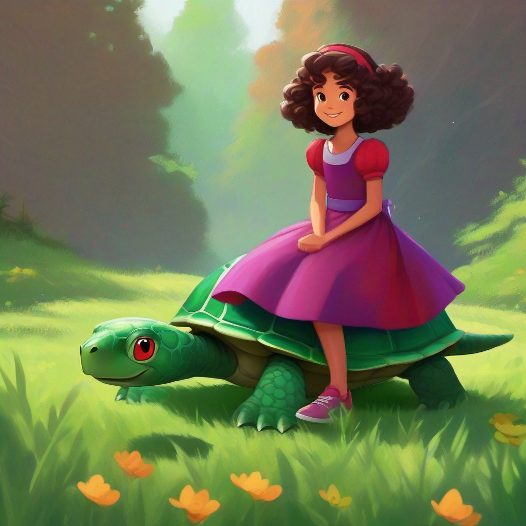 Smart and brave with curly hair and a red dress and Clever and kind with straight hair and a purple dress talking to Evil turtle turned good with a green shell and a friendly smile, convincing him to be good