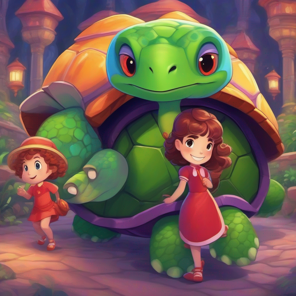 Smart and brave with curly hair and a red dress, Clever and kind with straight hair and a purple dress, and Evil turtle turned good with a green shell and a friendly smile with the happy people of Tamworth