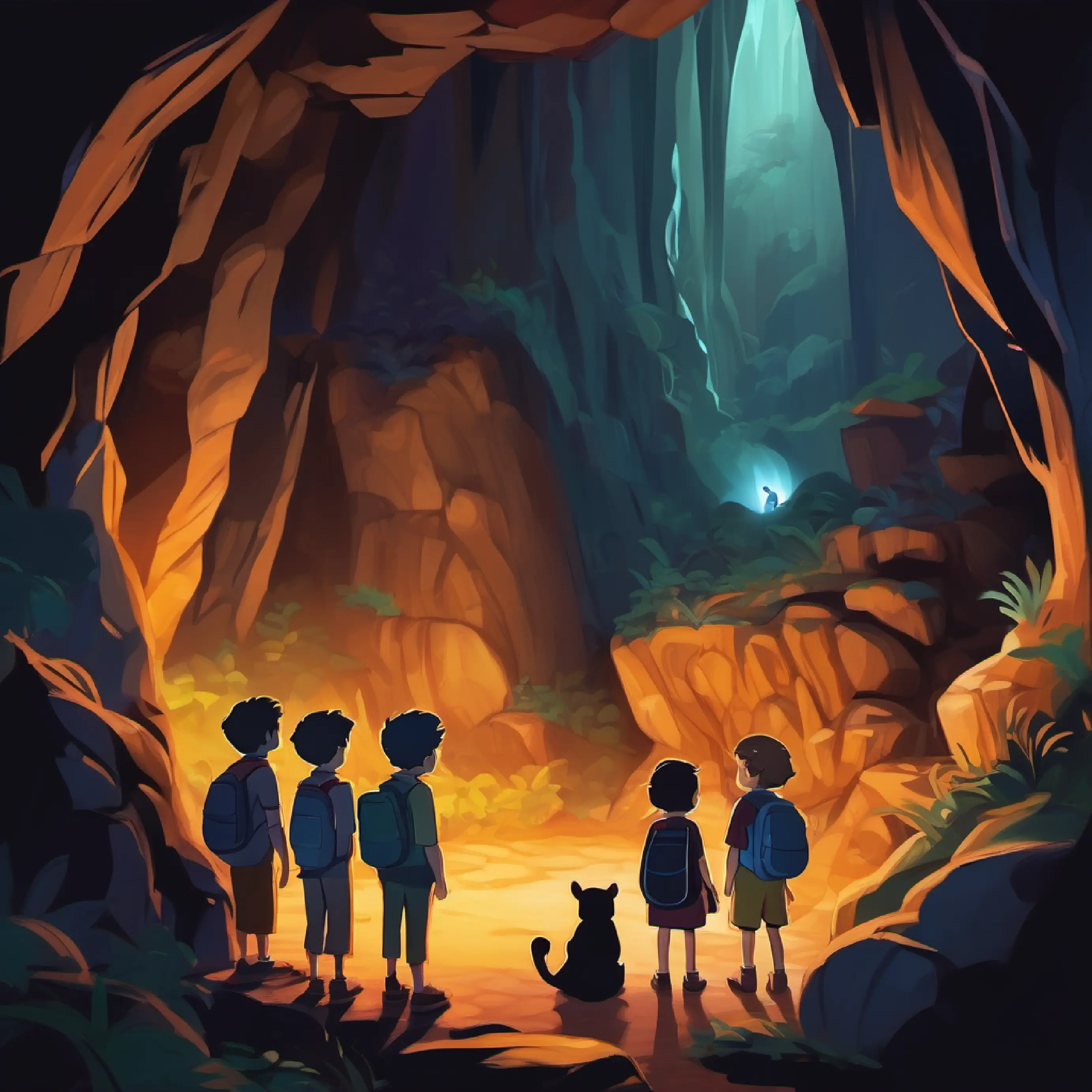 The number friends find a dark cave; Five is being brave.