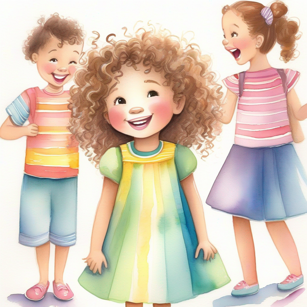 A little girl with curly brown hair and a colorful dress. showing her artwork to her friends who are laughing.