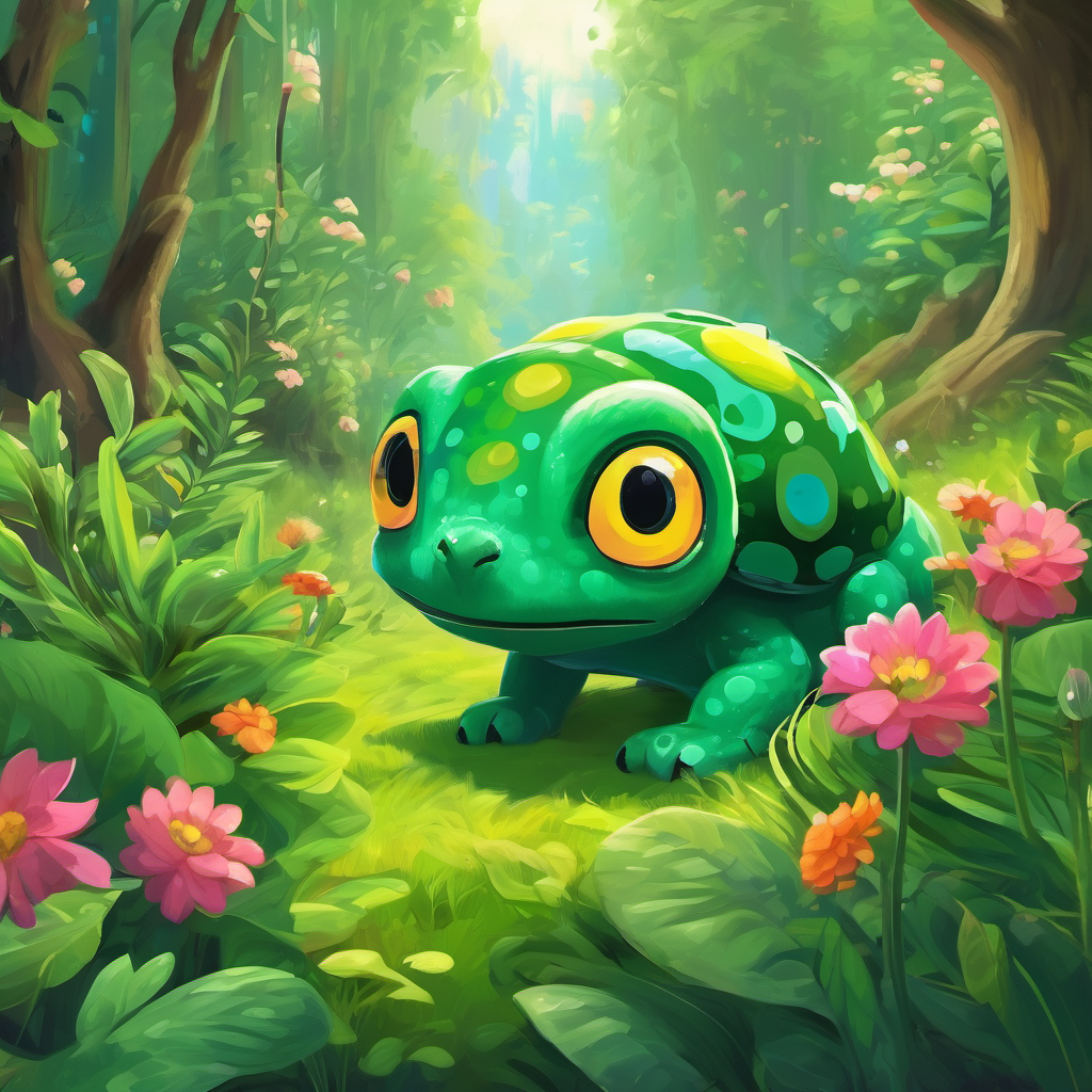 Green and spotted creature with big, curious eyes leading other ajolotes to safety, plants and flowers blooming around them