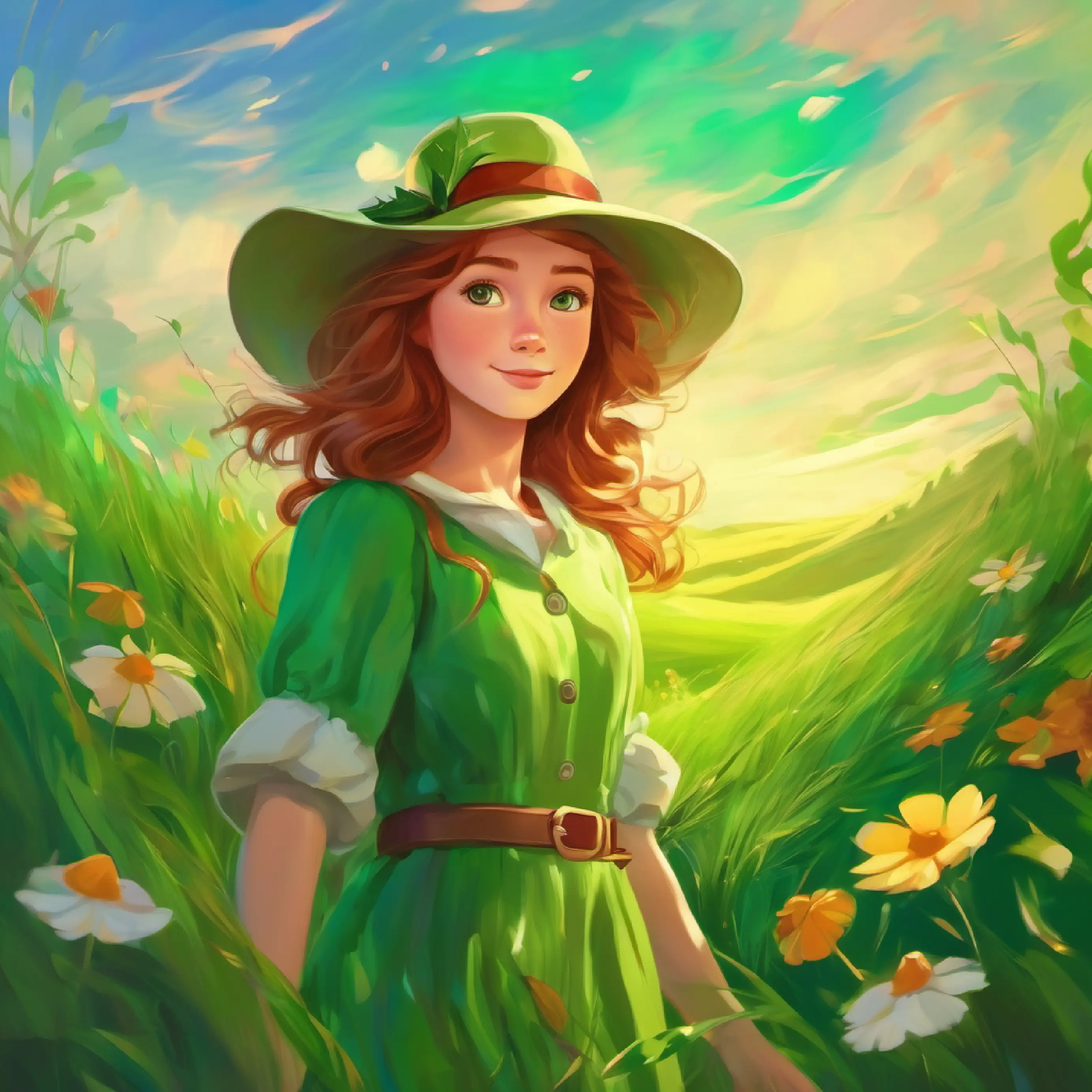 Introducing Brave young girl with flowing chestnut hair and bright green eyes in the fantastical Breezy Meadows.