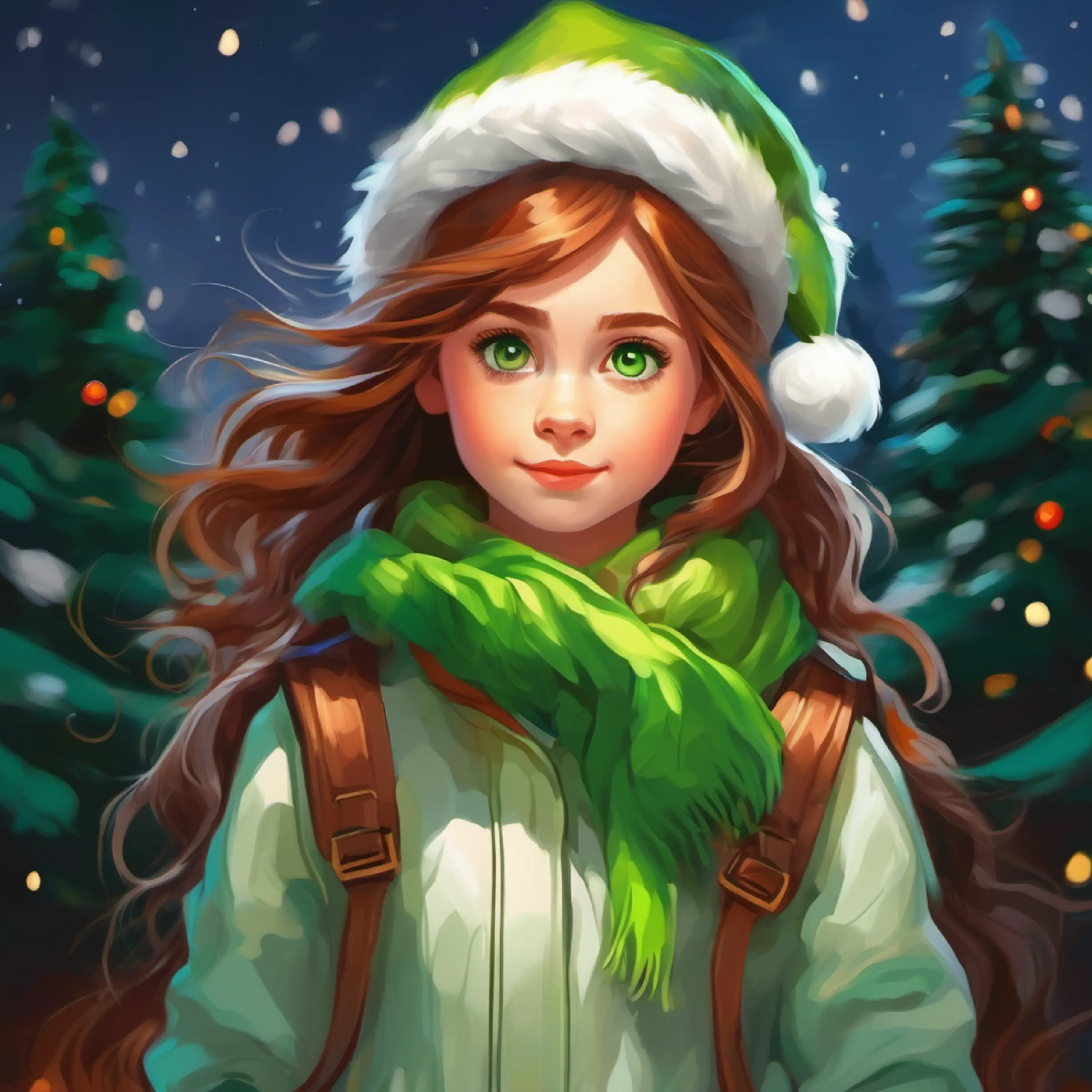 Brave young girl with flowing chestnut hair and bright green eyes's courageous and adventurous spirit displayed.