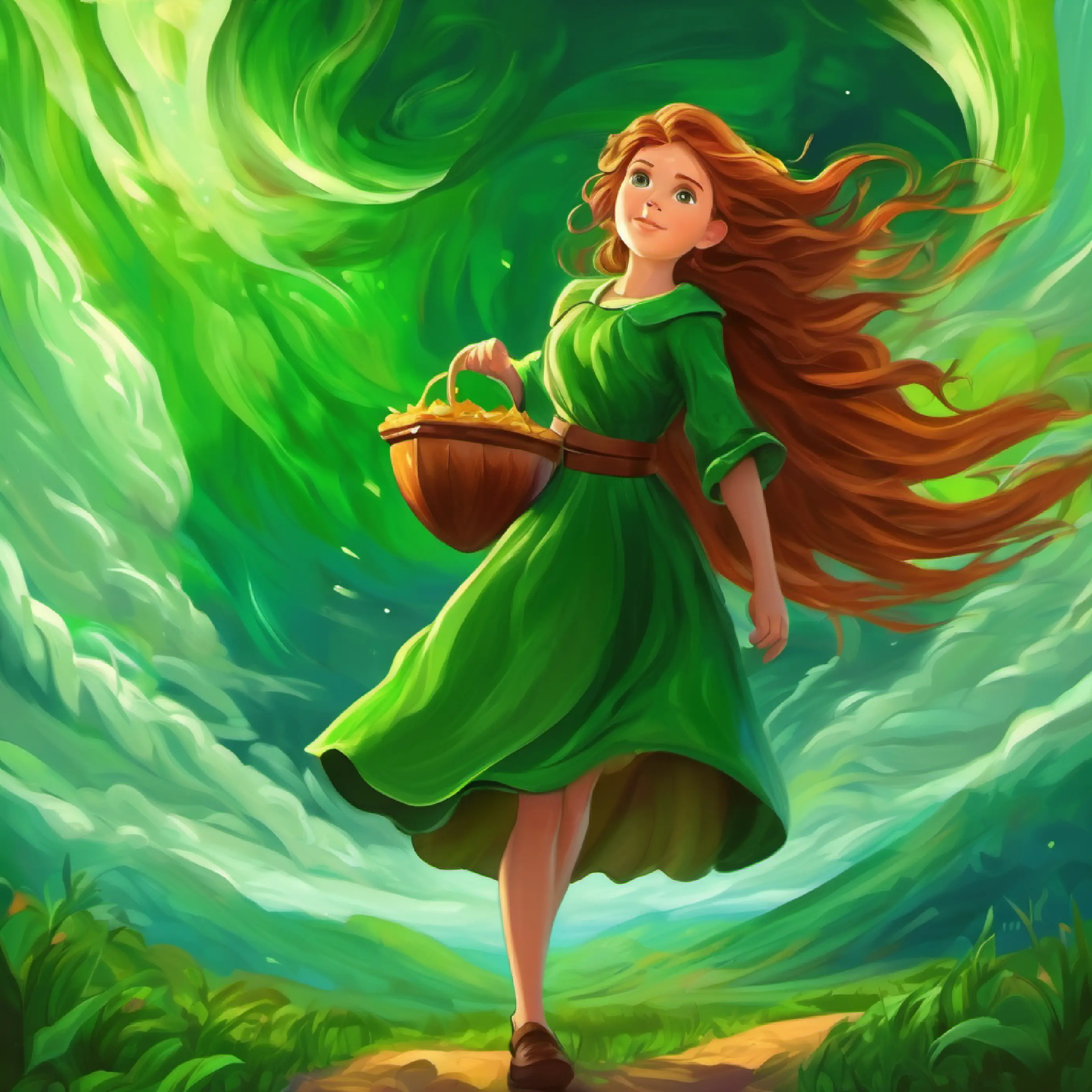 Brave young girl with flowing chestnut hair and bright green eyes protects the land from the greedy king with a great storm.