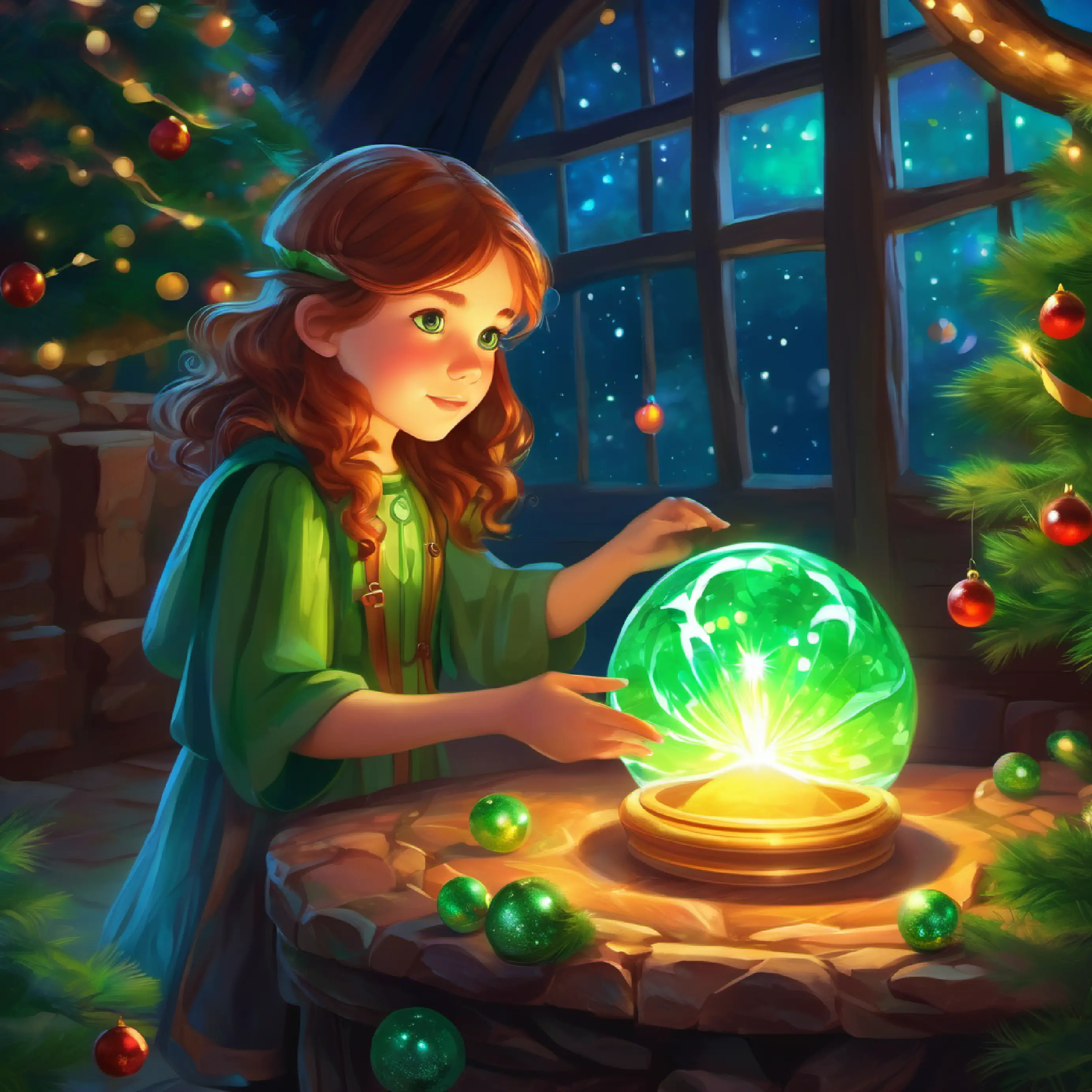 Brave young girl with flowing chestnut hair and bright green eyes discovers the glowing Stone of Aeolus.