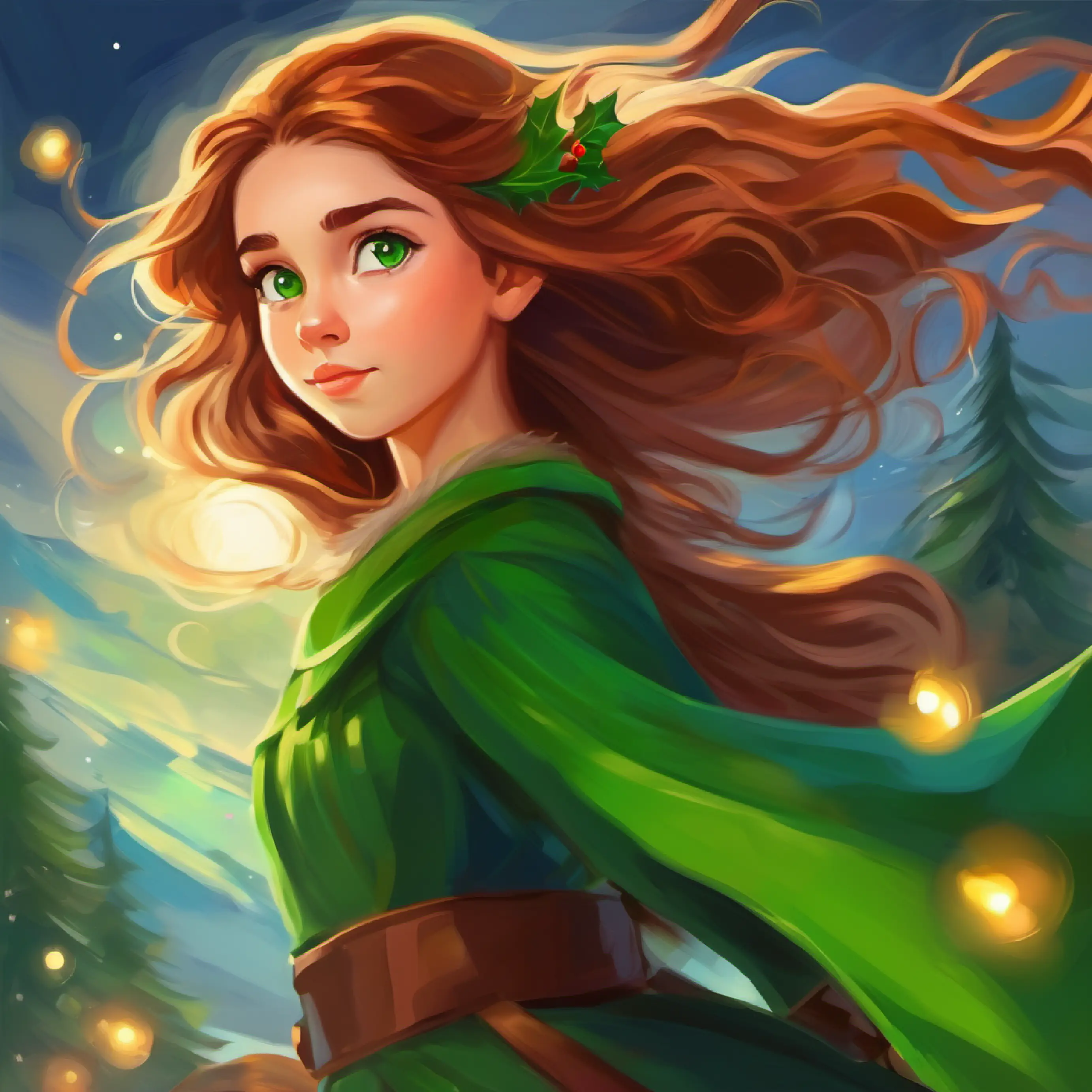 Brave young girl with flowing chestnut hair and bright green eyes gains control over the wind and amazes everyone.