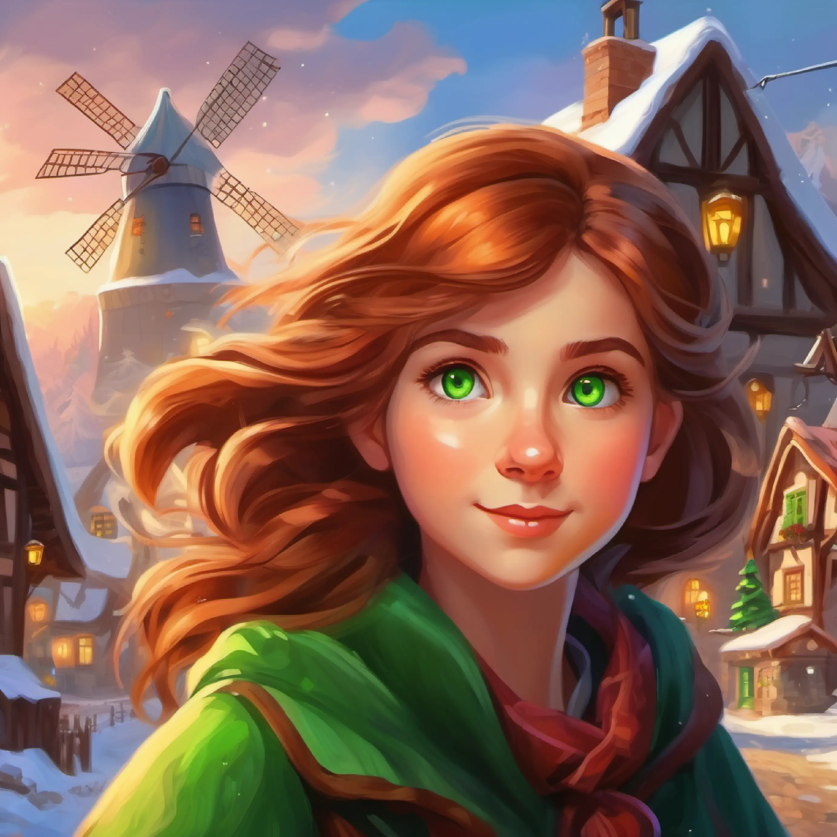 Brave young girl with flowing chestnut hair and bright green eyes helps the village with her wind powers.