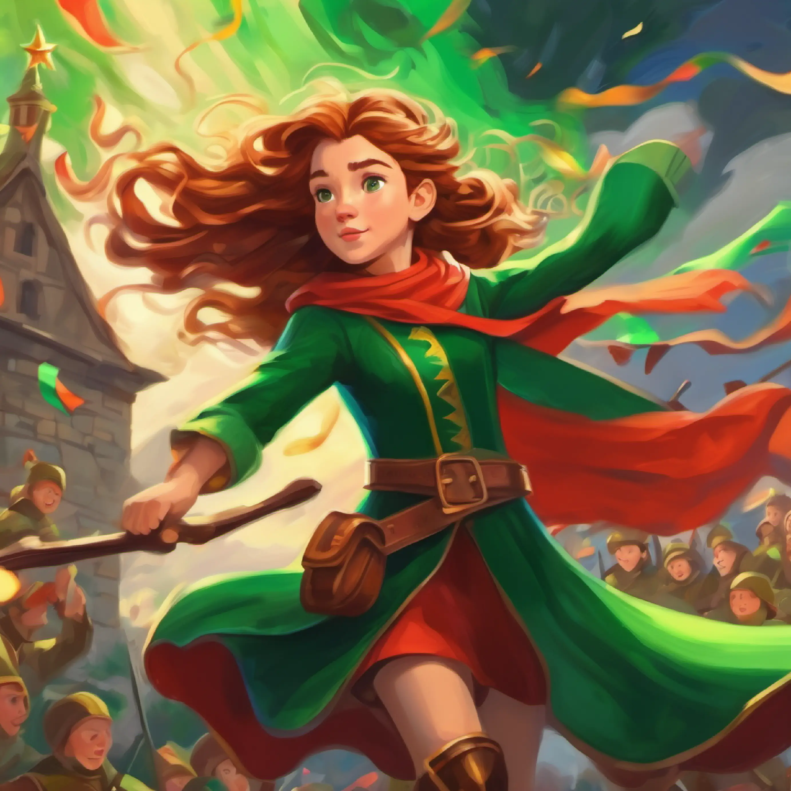 Brave young girl with flowing chestnut hair and bright green eyes evades the king's army using her wind powers.