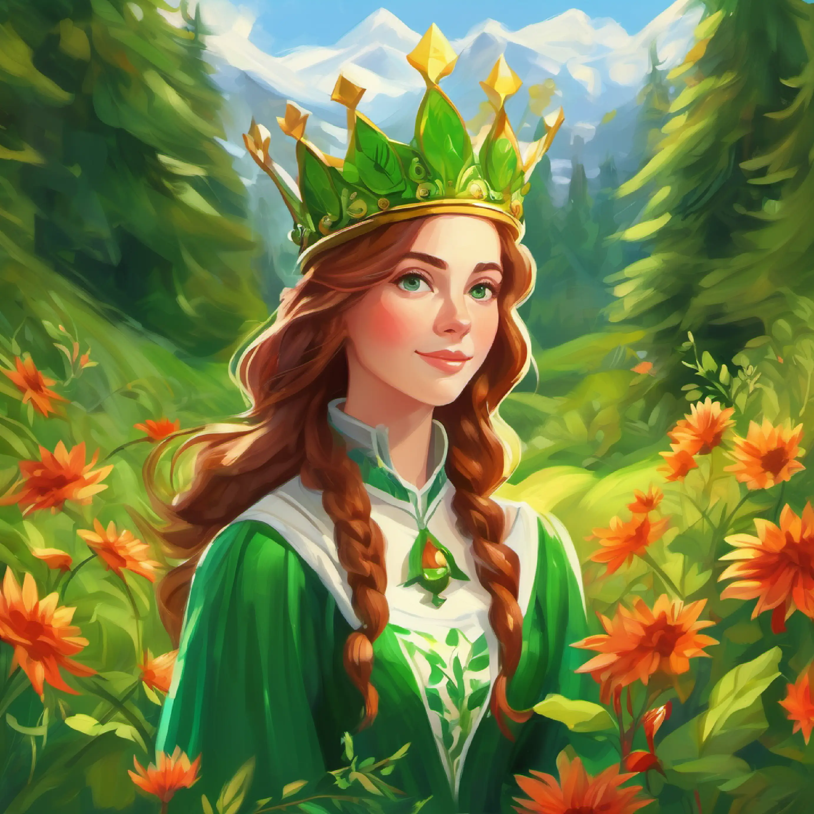 Brave young girl with flowing chestnut hair and bright green eyes is named Queen of Breezy Meadows, symbolized by a special crown.